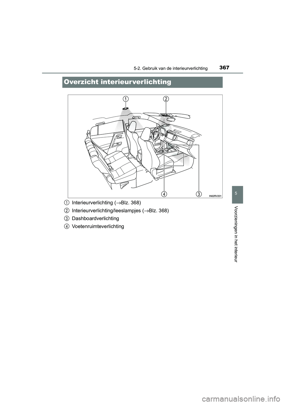 TOYOTA RAV4 HYBRID 2017  Instructieboekje (in Dutch) 3675-2. Gebruik van de interieurverlichting
RAV4-HV_OM_OM42B04E_(EE)
5
Voorzieningen in het interieur
Overzicht interieur verlichting
Interieurverlichting (→Blz. 368)
Interieurverlichtin g/leeslampj