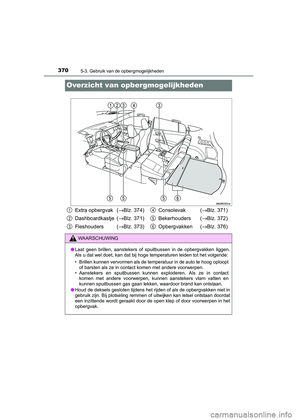TOYOTA RAV4 HYBRID 2017  Instructieboekje (in Dutch) 3705-3. Gebruik van de opbergmogelijkheden
RAV4-HV_OM_OM42B04E_(EE)
Overzicht van opbergmogelijkheden
Extra opbergvak  (→Blz. 374)
Dashboardkastje  ( →Blz. 371)
Fleshouders ( →Blz. 373) Consolev