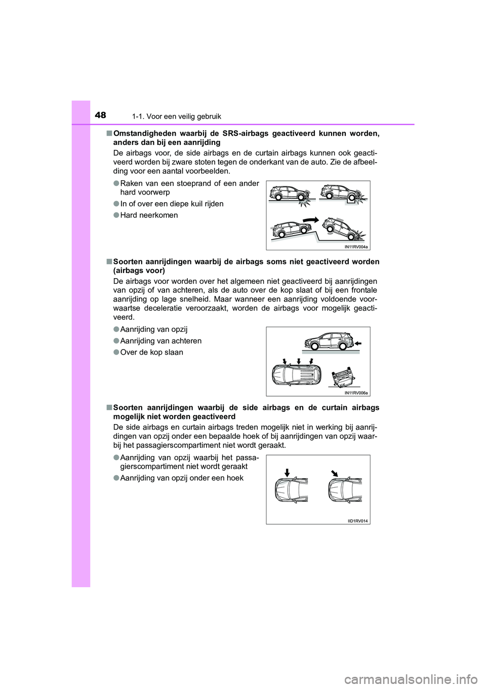 TOYOTA RAV4 HYBRID 2017  Instructieboekje (in Dutch) 481-1. Voor een veilig gebruik
RAV4-HV_OM_OM42B04E_(EE)■
Omstandigheden  waarbij  de  SRS-air bags  geactiveerd  kunnen  worden,
anders dan bij een aanrijding 
De  airbags  voor,  de  side  airbags 