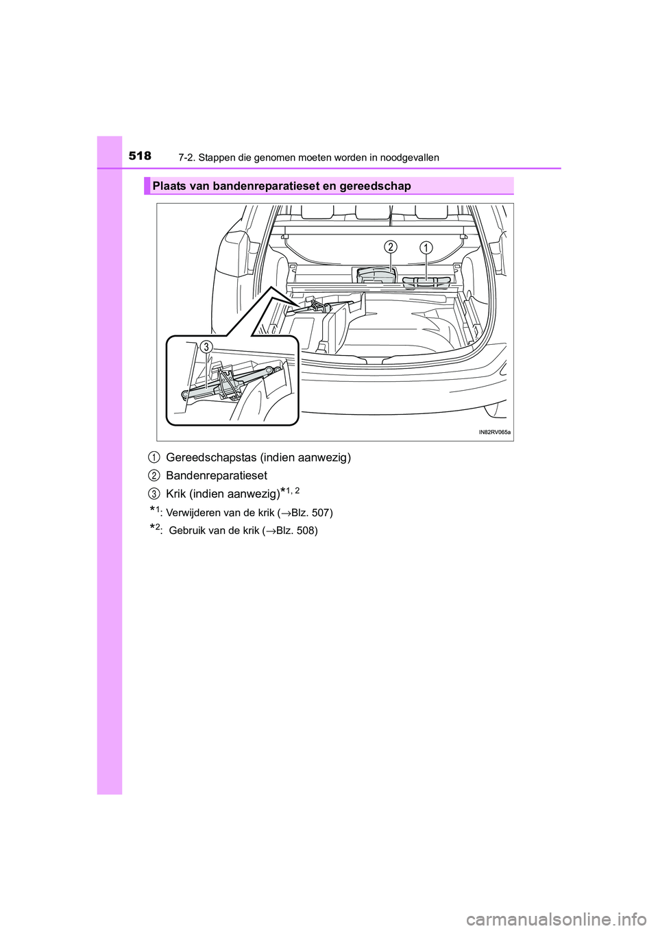 TOYOTA RAV4 HYBRID 2017  Instructieboekje (in Dutch) 5187-2. Stappen die genomen moeten worden in noodgevallen
RAV4-HV_OM_OM42B04E_(EE)
Gereedschapstas (indien aanwezig)
Bandenreparatieset
Krik (indien aanwezig)
*1, 2
*1: Verwijderen van de krik (→Blz