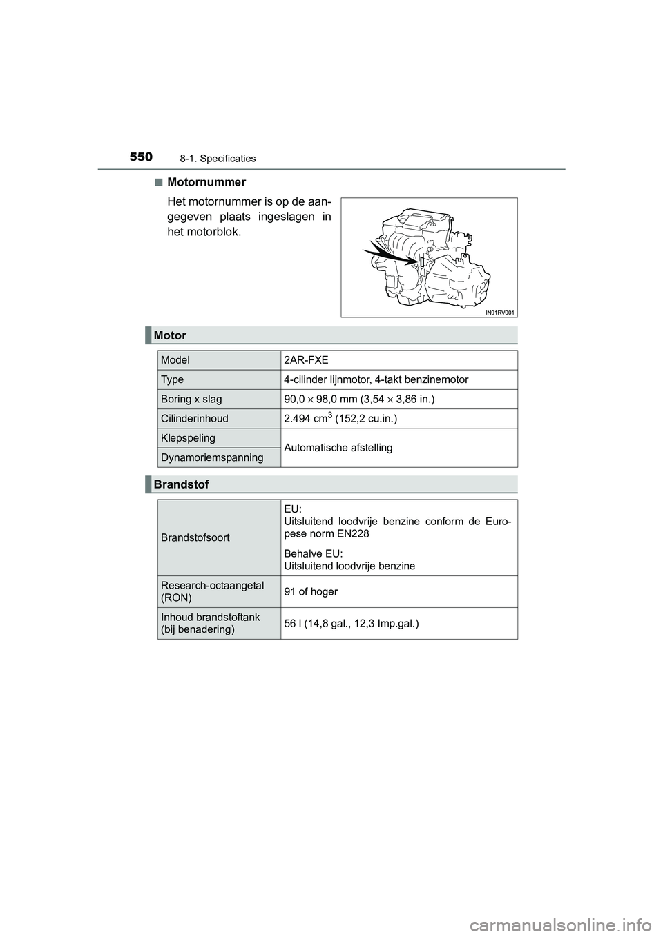 TOYOTA RAV4 HYBRID 2017  Instructieboekje (in Dutch) 5508-1. Specificaties
RAV4-HV_OM_OM42B04E_(EE)■
Motornummer
Het motornummer is op de aan-
gegeven  plaats  ingeslagen  in
het motorblok.
Motor
Model2AR-FXE
Ty p e4-cilinder lijnmotor, 4-takt benzine