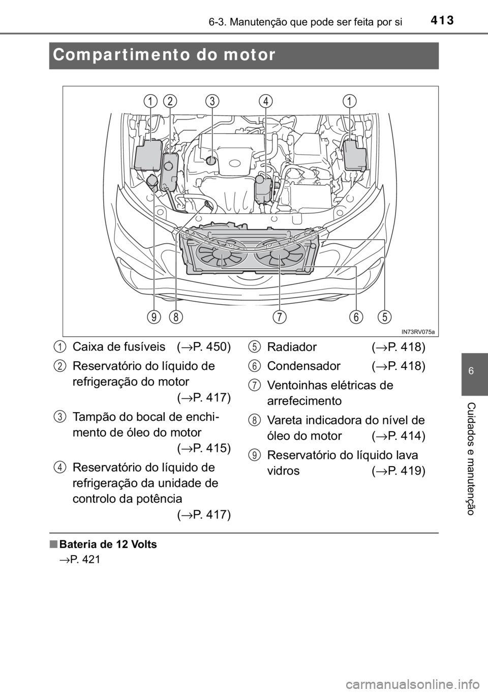 TOYOTA RAV4 HYBRID 2017  Manual de utilização (in Portuguese) 413������0�D�Q�X�W�H�Q�o�m�R��T�X�H��S�R�G�H��V�H�U��I�H�L�W�D��S�R�U��V�L
�
�&�X�L�G�D�G�R�V��H��P�D�Q�X�W�H�Q�o�m�R
Compar timento do motor
■�%�D�W�H�U�L�D��G�H�����9�R�O�W�V
