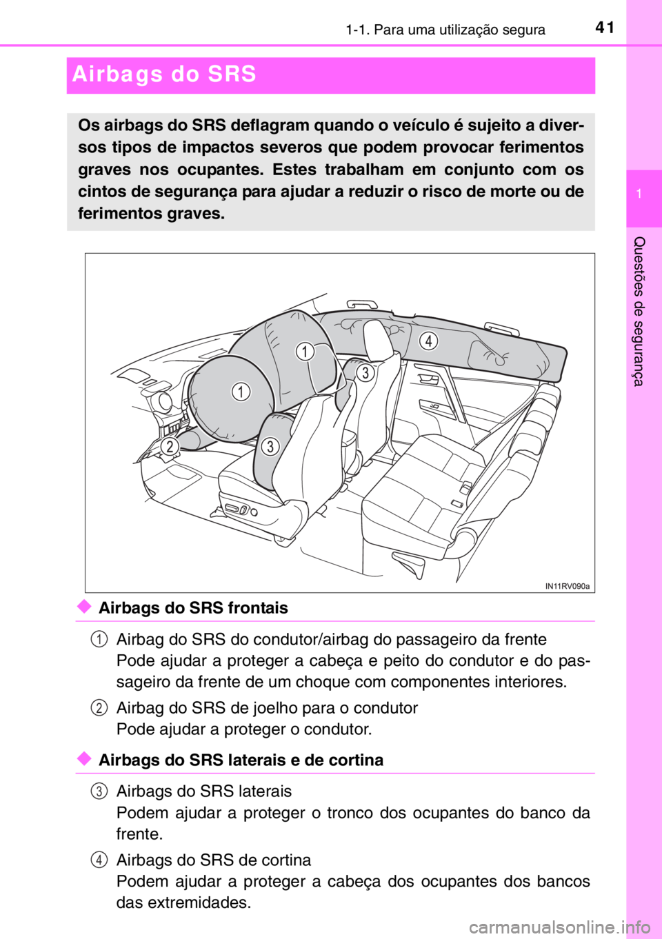 TOYOTA RAV4 HYBRID 2017  Manual de utilização (in Portuguese) 411-1. Para uma utilização segura
1
Questões de segurança
Airbags do SRS
◆Airbags do SRS frontais
Airbag do SRS do condutor/airbag do passageiro da frente
Pode ajudar a proteger a cabeça e peit