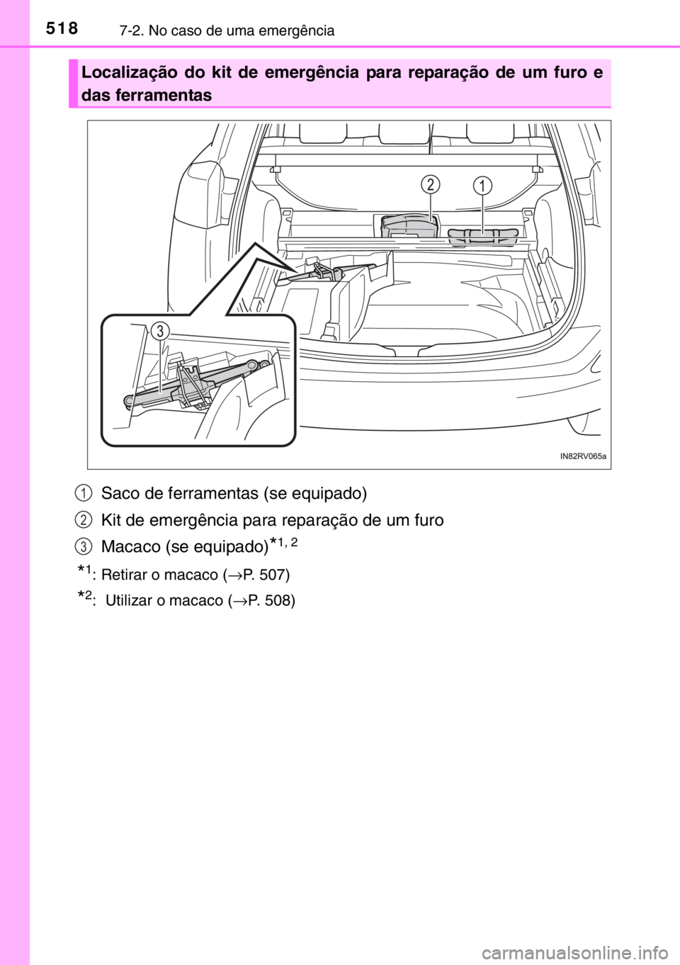 TOYOTA RAV4 HYBRID 2017  Manual de utilização (in Portuguese) 5187-2. No caso de uma emergência
Saco de ferramentas (se equipado)
Kit de emergência para reparação de um furo
Macaco (se equipado)
*1, 2
*1: Retirar o macaco (→P. 507)
*2:  Utilizar o macaco (
