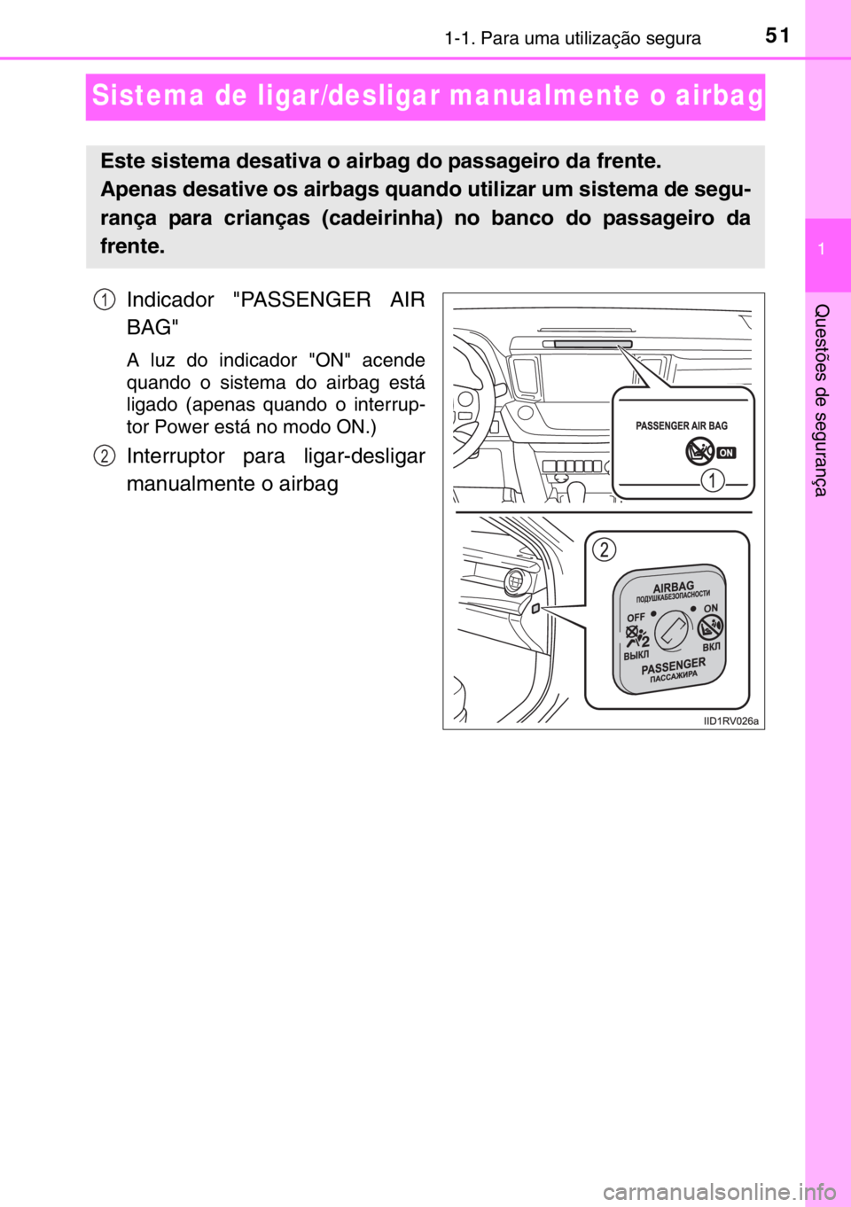 TOYOTA RAV4 HYBRID 2017  Manual de utilização (in Portuguese) 511-1. Para uma utilização segura
1
Questões de segurança
Sistema de ligar/desligar manualmente o airbag
Indicador "PASSENGER AIR
BAG"
A luz do indicador "ON" acende
quando o siste
