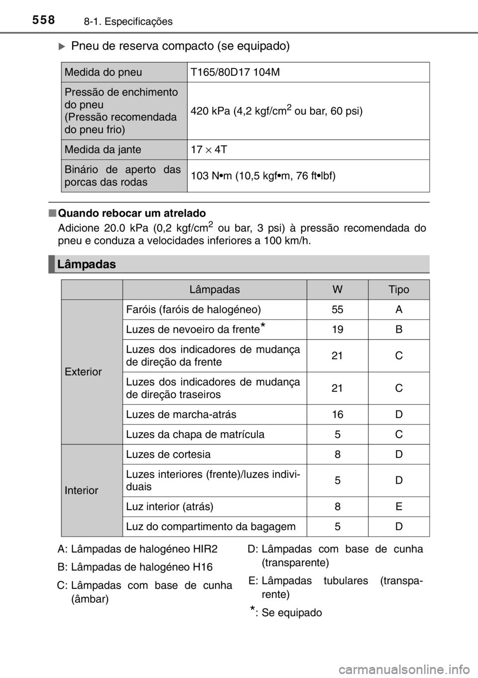 TOYOTA RAV4 HYBRID 2017  Manual de utilização (in Portuguese) 5588-1. Especificações
�XPneu de reserva compacto (se equipado)
■Quando rebocar um atrelado
Adicione 20.0 kPa (0,2 kgf/cm2 ou bar, 3 psi) à pressão recomendada do
pneu e conduza a velocidades in