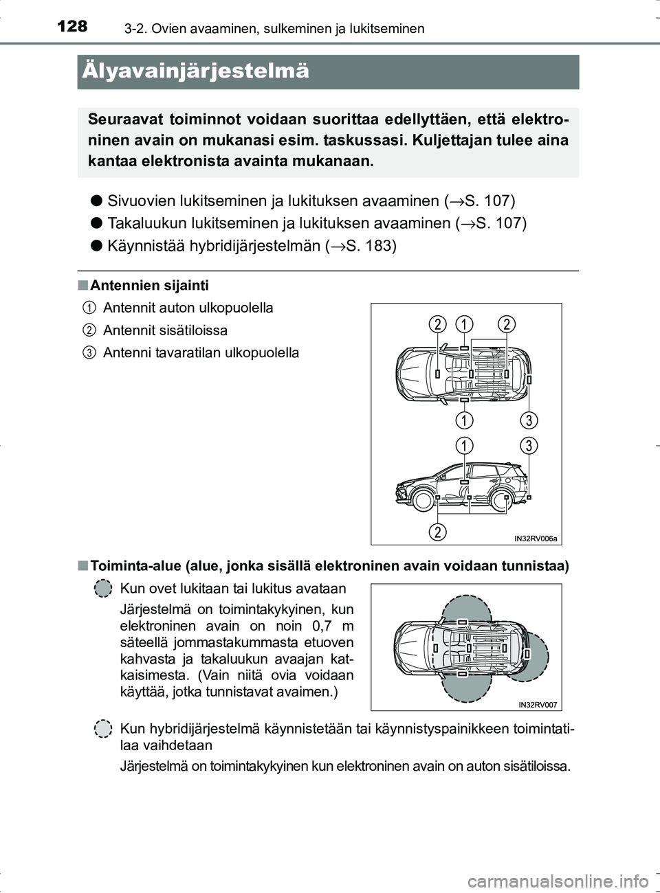 TOYOTA RAV4 HYBRID 2017 Omistajan Käsikirja (in Finnish) 1283-2. Ovien avaaminen, sulkeminen ja lukitseminen
OM42B04FI
Älyavainjärjestelmä
●Sivuovien lukitseminen ja lukituksen avaaminen ( →S. 107)
● Takaluukun lukitseminen ja lukituksen avaaminen TOYOTA RAV4 HYBRID 2017 Omistajan Käsikirja (in Finnish) 1283-2. Ovien avaaminen, sulkeminen ja lukitseminen
OM42B04FI
Älyavainjärjestelmä
●Sivuovien lukitseminen ja lukituksen avaaminen ( →S. 107)
● Takaluukun lukitseminen ja lukituksen avaaminen