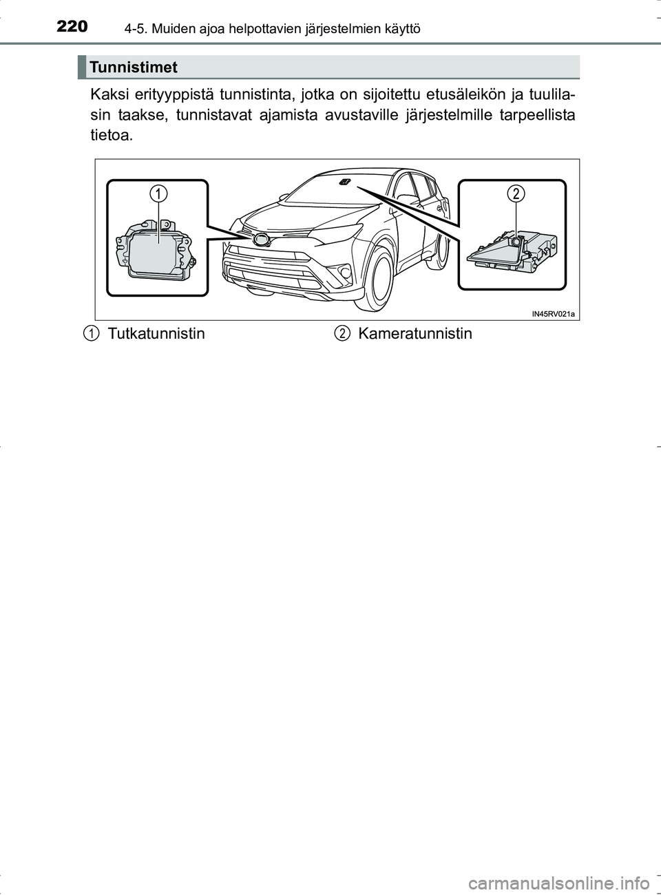 TOYOTA RAV4 HYBRID 2017  Omistajan Käsikirja (in Finnish) 2204-5. Muiden ajoa helpottavien järjestelmien käyttö
OM42B04FI
Kaksi erityyppistä tunnistinta, jotka on sijoitettu etusäleikön ja tuulila-
sin taakse, tunnistavat ajamista avus taville järjest