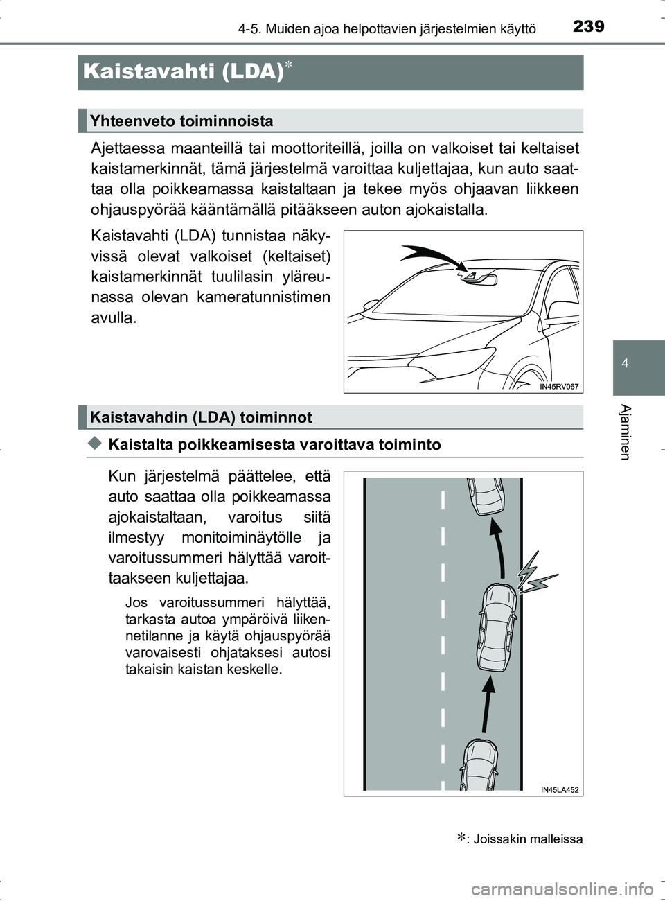 TOYOTA RAV4 HYBRID 2017 Omistajan Käsikirja (in Finnish) 239
4
4-5. Muiden ajoa helpottavien järjestelmien käyttö
Ajaminen
OM42B04FI
Kaistavahti (LDA)∗
Ajettaessa maanteillä tai moottoriteillä, joilla on valkoiset tai keltaiset
kaistamerkinnät, täm TOYOTA RAV4 HYBRID 2017 Omistajan Käsikirja (in Finnish) 239
4
4-5. Muiden ajoa helpottavien järjestelmien käyttö
Ajaminen
OM42B04FI
Kaistavahti (LDA)∗
Ajettaessa maanteillä tai moottoriteillä, joilla on valkoiset tai keltaiset
kaistamerkinnät, täm