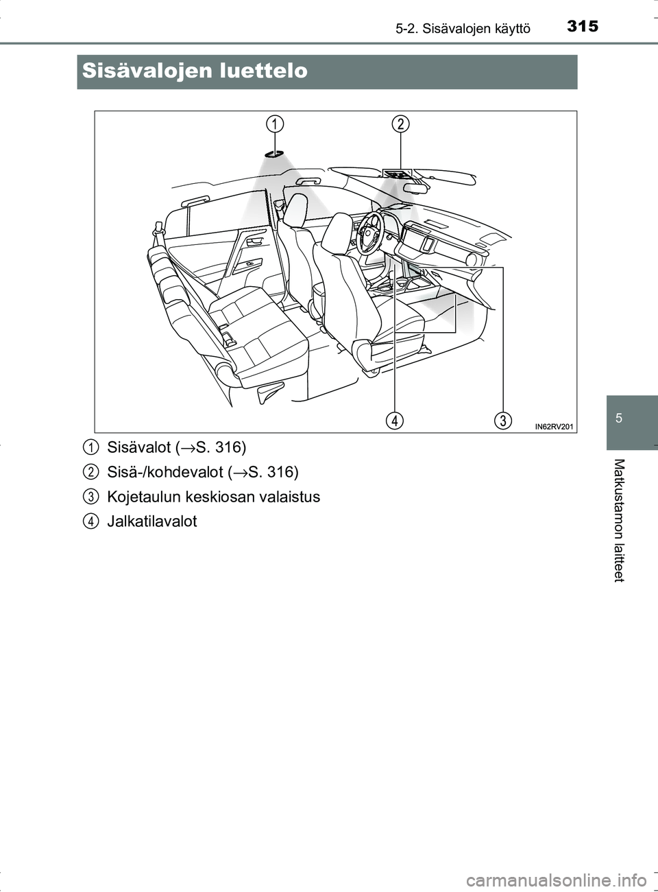 TOYOTA RAV4 HYBRID 2017  Omistajan Käsikirja (in Finnish) 3155-2. Sisävalojen käyttö
OM42B04FI
5
Matkustamon laitteet
Sisävalojen luettelo
Sisävalot (→S. 316)
Sisä-/kohdevalot ( →S. 316)
Kojetaulun keskiosan valaistus
Jalkatilavalot1
2
3
4
OM42B04F