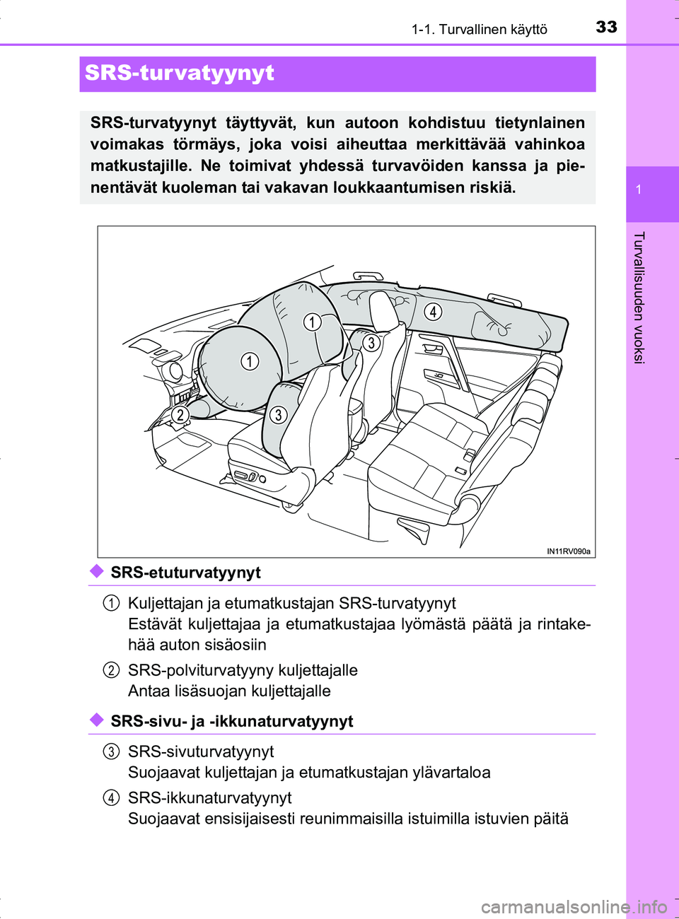 TOYOTA RAV4 HYBRID 2017  Omistajan Käsikirja (in Finnish) 331-1. Turvallinen käyttö
1
Turvallisuuden vuoksi
OM42B04FI
SRS-tur vatyynyt
◆SRS-etuturvatyynytKuljettajan ja etumatkustajan SRS-turvatyynyt
Estävät kuljettajaa ja etumatkust ajaa lyömästä p