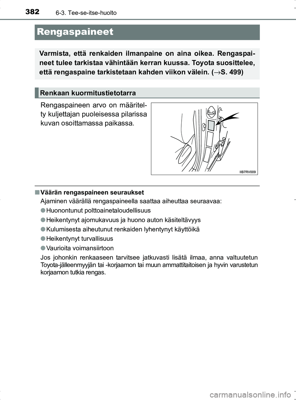 TOYOTA RAV4 HYBRID 2017  Omistajan Käsikirja (in Finnish) 3826-3. Tee-se-itse-huolto
OM42B04FI
Rengaspaineet
Rengaspaineen arvo on määritel-
ty kuljettajan puoleisessa pilarissa
kuvan osoittamassa paikassa.
■Väärän rengaspaineen seuraukset
Ajaminen v