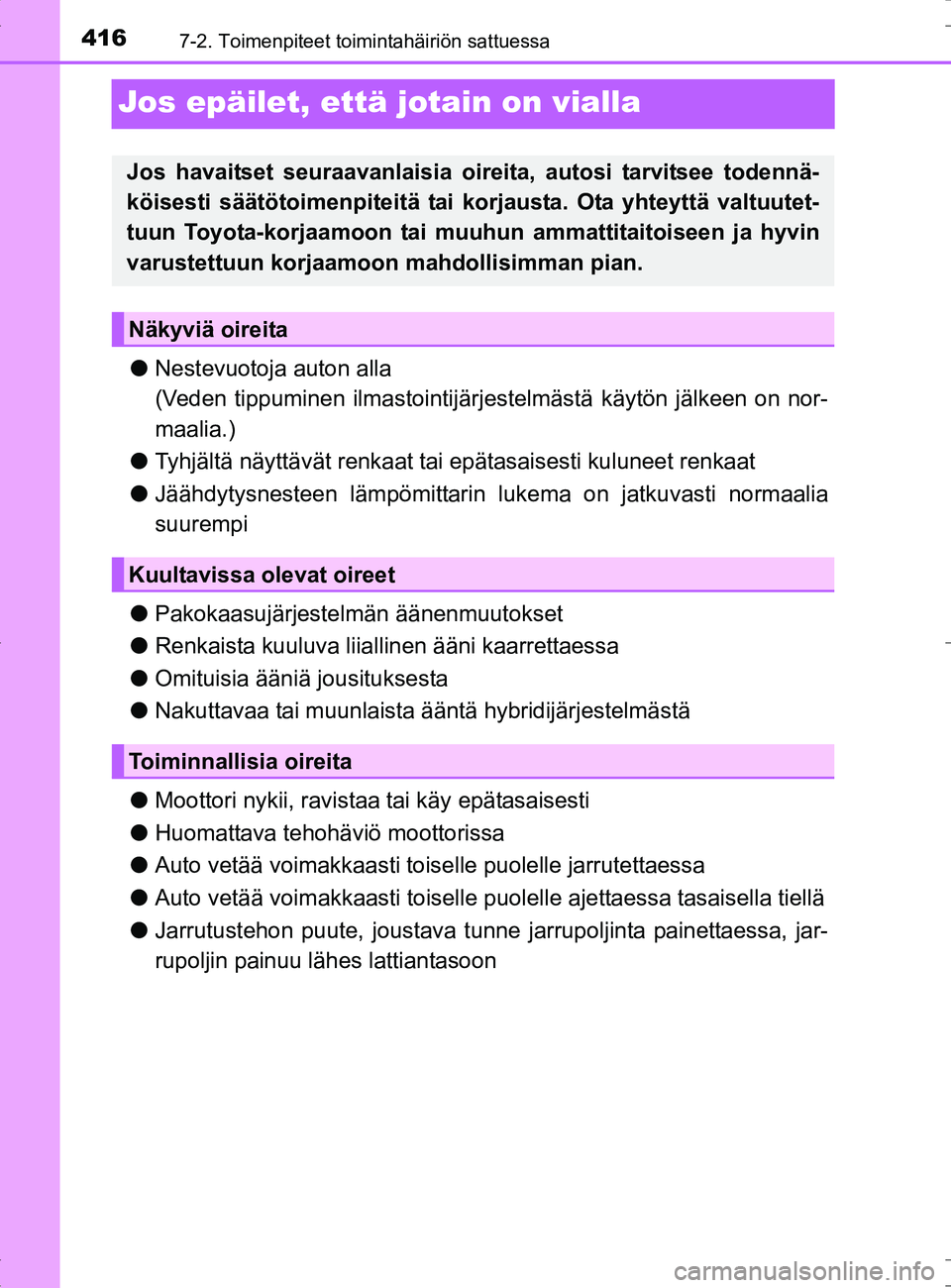TOYOTA RAV4 HYBRID 2017  Omistajan Käsikirja (in Finnish) 4167-2. Toimenpiteet toimintahäiriön sattuessa
OM42B04FI
Jos epäilet, että jotain on vialla
●Nestevuotoja auton alla
(Veden tippuminen ilmastointijärj estelmästä käytön jälkeen on nor-
maa