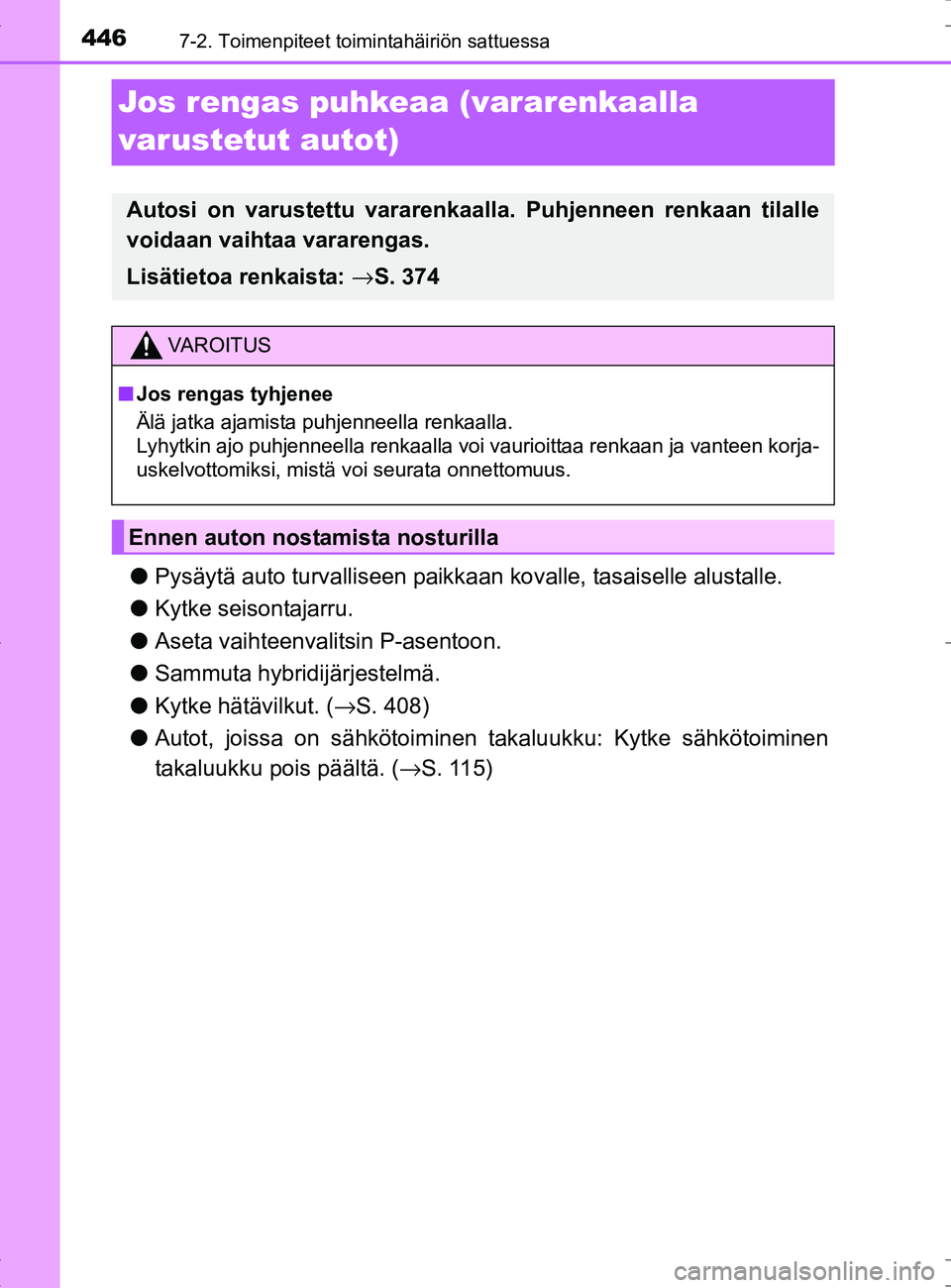 TOYOTA RAV4 HYBRID 2017  Omistajan Käsikirja (in Finnish) 4467-2. Toimenpiteet toimintahäiriön sattuessa
OM42B04FI
Jos rengas puhkeaa (vararenkaalla 
varustetut autot)
●Pysäytä auto turvalliseen paikkaan  kovalle, tasaiselle alustalle.
● Kytke seison