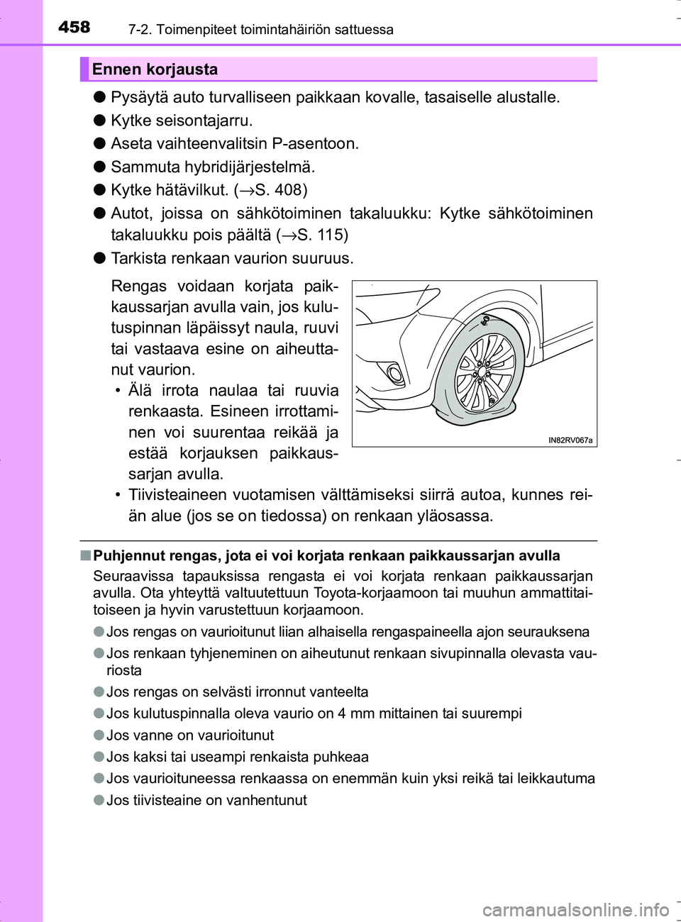 TOYOTA RAV4 HYBRID 2017 Omistajan Käsikirja (in Finnish) 4587-2. Toimenpiteet toimintahäiriön sattuessa
OM42B04FI
●Pysäytä auto turvalliseen paikkaan kovalle, tasaiselle alustalle.
● Kytke seisontajarru.
● Aseta vaihteenvalitsin P-asentoon.
● S TOYOTA RAV4 HYBRID 2017 Omistajan Käsikirja (in Finnish) 4587-2. Toimenpiteet toimintahäiriön sattuessa
OM42B04FI
●Pysäytä auto turvalliseen paikkaan kovalle, tasaiselle alustalle.
● Kytke seisontajarru.
● Aseta vaihteenvalitsin P-asentoon.
● S