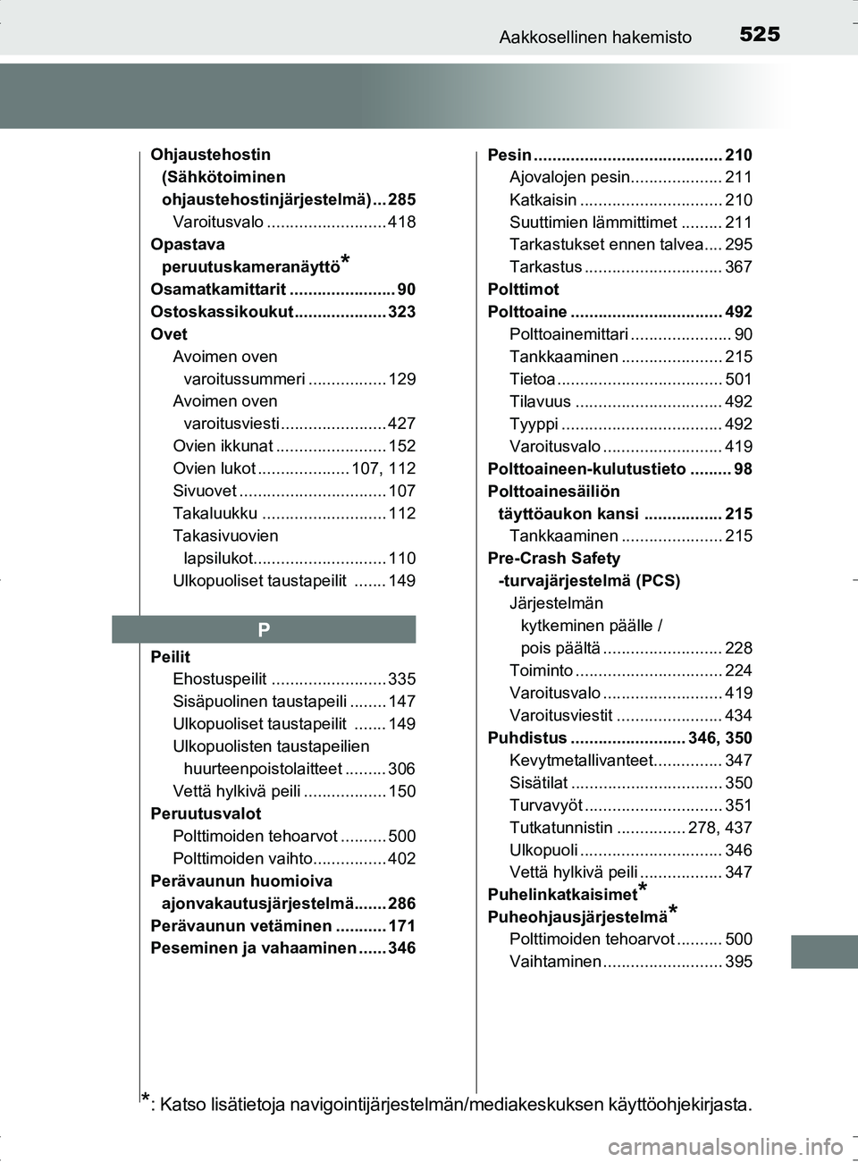 TOYOTA RAV4 HYBRID 2017  Omistajan Käsikirja (in Finnish) 525Aakkosellinen hakemisto
OM42B04FI
Ohjaustehostin (Sähkötoiminen 
ohjaustehostinjärjestelmä) ... 285
Varoitusvalo .......................... 418
Opastava 
peruutuskameranäyttö
*
Osamatkamittar