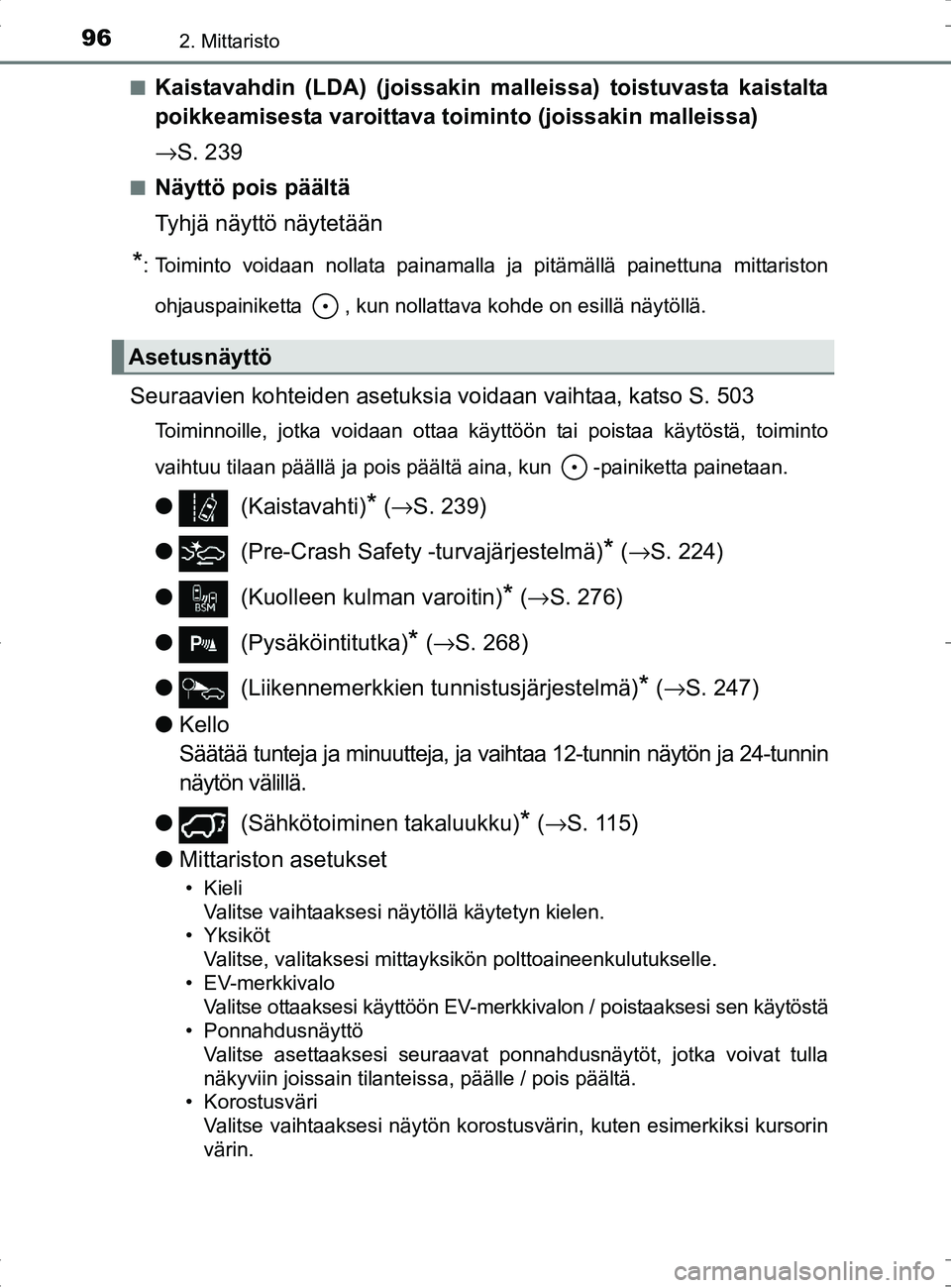 TOYOTA RAV4 HYBRID 2017 Omistajan Käsikirja (in Finnish) 962. Mittaristo
OM42B04FI■
Kaistavahdin (LDA) (joissakin malleissa) toistuvasta kaistalta
poikkeamisesta varoittava toim
into (joissakin malleissa)
→ S. 239
■Näyttö pois päältä
Tyhjä näyt TOYOTA RAV4 HYBRID 2017 Omistajan Käsikirja (in Finnish) 962. Mittaristo
OM42B04FI■
Kaistavahdin (LDA) (joissakin malleissa) toistuvasta kaistalta
poikkeamisesta varoittava toim
into (joissakin malleissa)
→ S. 239
■Näyttö pois päältä
Tyhjä näyt