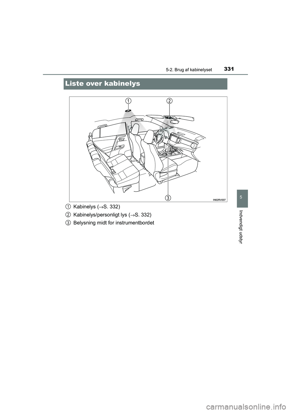 TOYOTA RAV4 HYBRID 2016  Brugsanvisning (in Danish) 3315-2. Brug af kabinelyset
OM42A57DK
5
Indvendigt udstyr
Liste over kabinelys
Kabinelys (→S. 332)
Kabinelys/personligt lys (
→S. 332)
Belysning midt for instrumentbordet
1
2
3
OM42A57DK.book  Pag