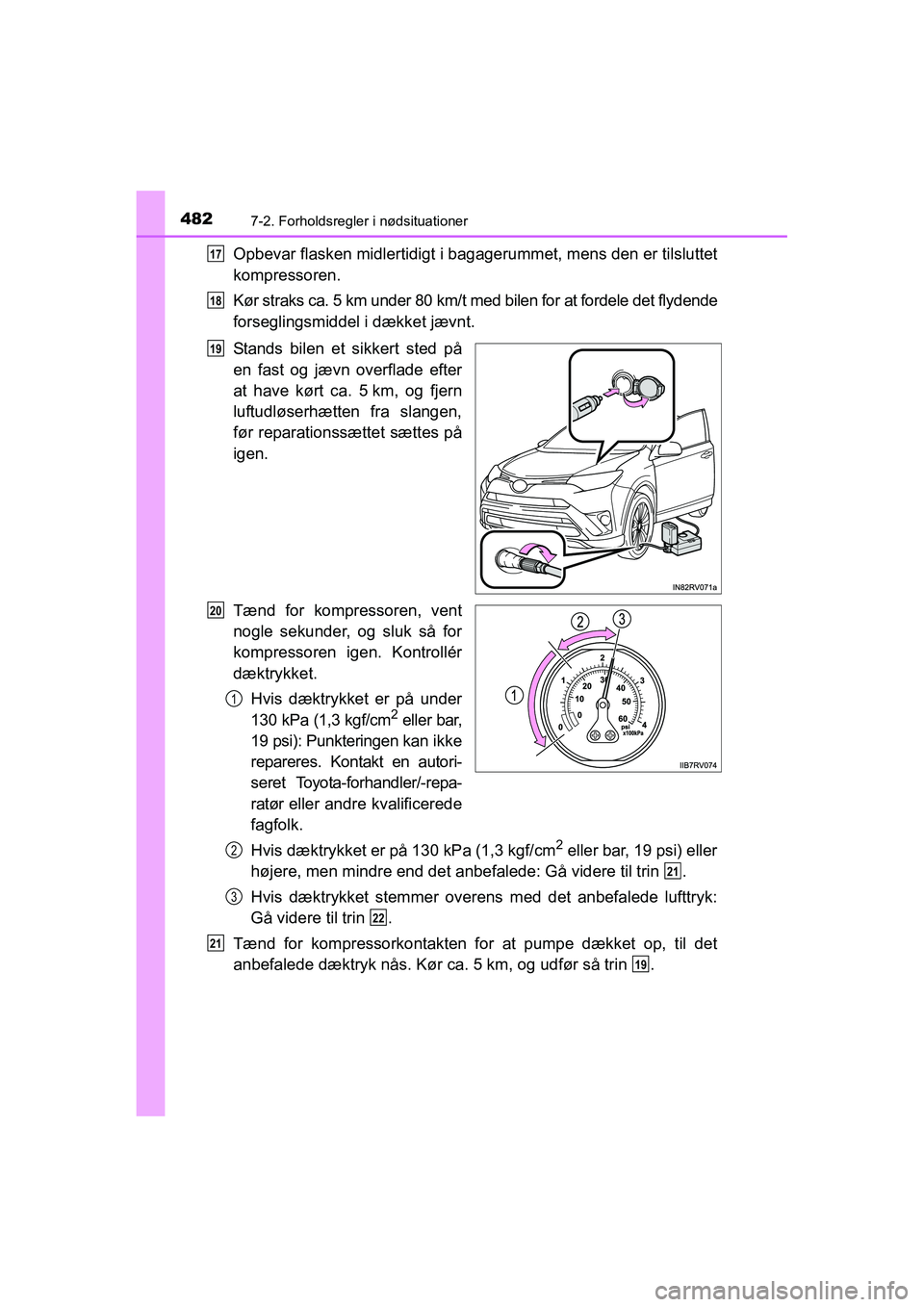 TOYOTA RAV4 HYBRID 2016  Brugsanvisning (in Danish) 4827-2. Forholdsregler i nødsituationer
OM42A57DK
Opbevar flasken midlertidigt i bagagerummet, mens den er tilsluttet
kompressoren.
Kør straks ca. 5 km under 80 km/t med bilen for at fordele det fly