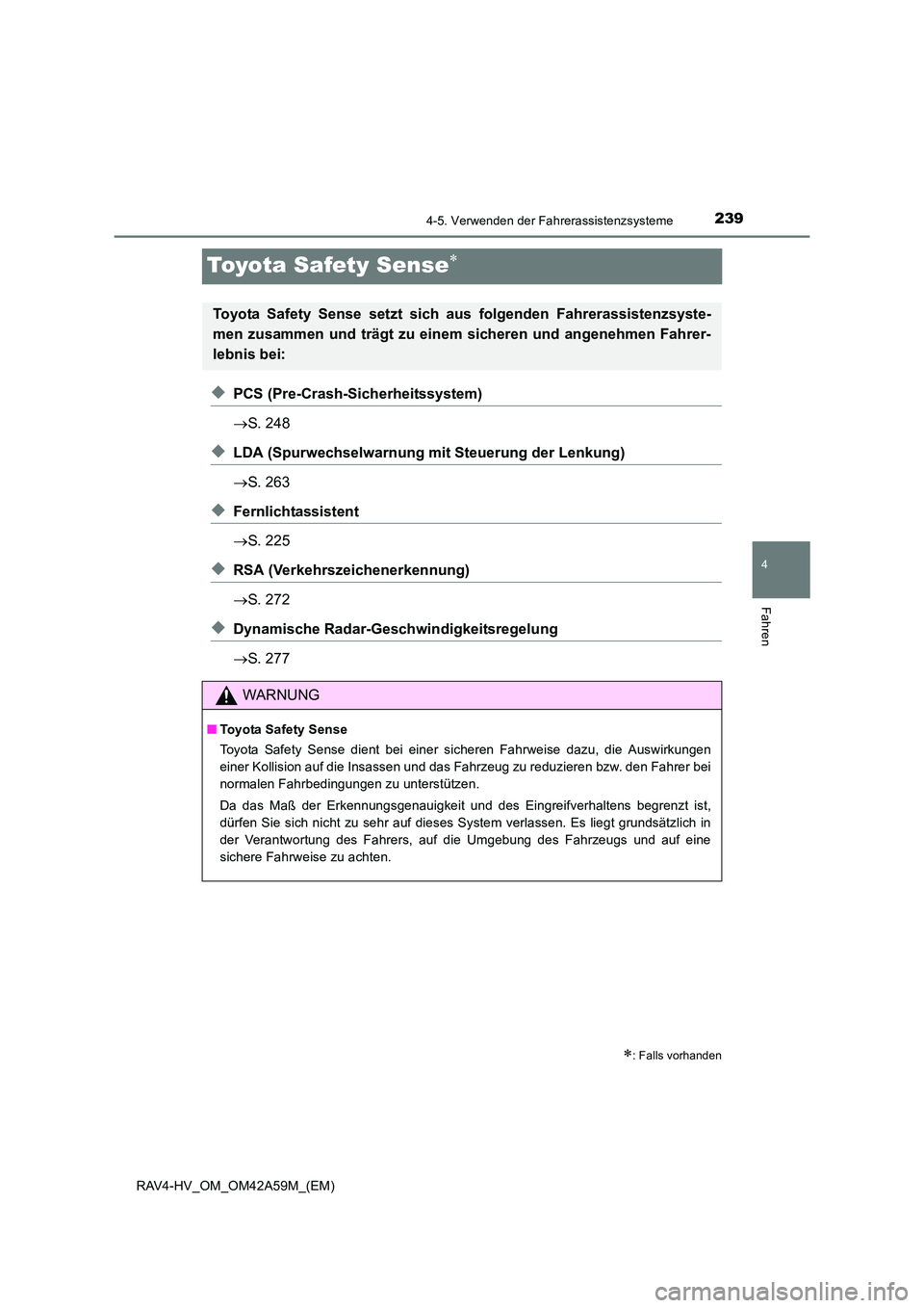 TOYOTA RAV4 HYBRID 2015  Betriebsanleitungen (in German) 239
4
4-5. Verwenden der Fahrerassistenzsysteme
Fahren
RAV4-HV_OM_OM42A59M_(EM)
Toyota Safety Sense∗
◆PCS (Pre-Crash-Sicherheitssystem)
→S. 248
◆LDA (Spurwechselwarnung mit Steuerung der Lenku