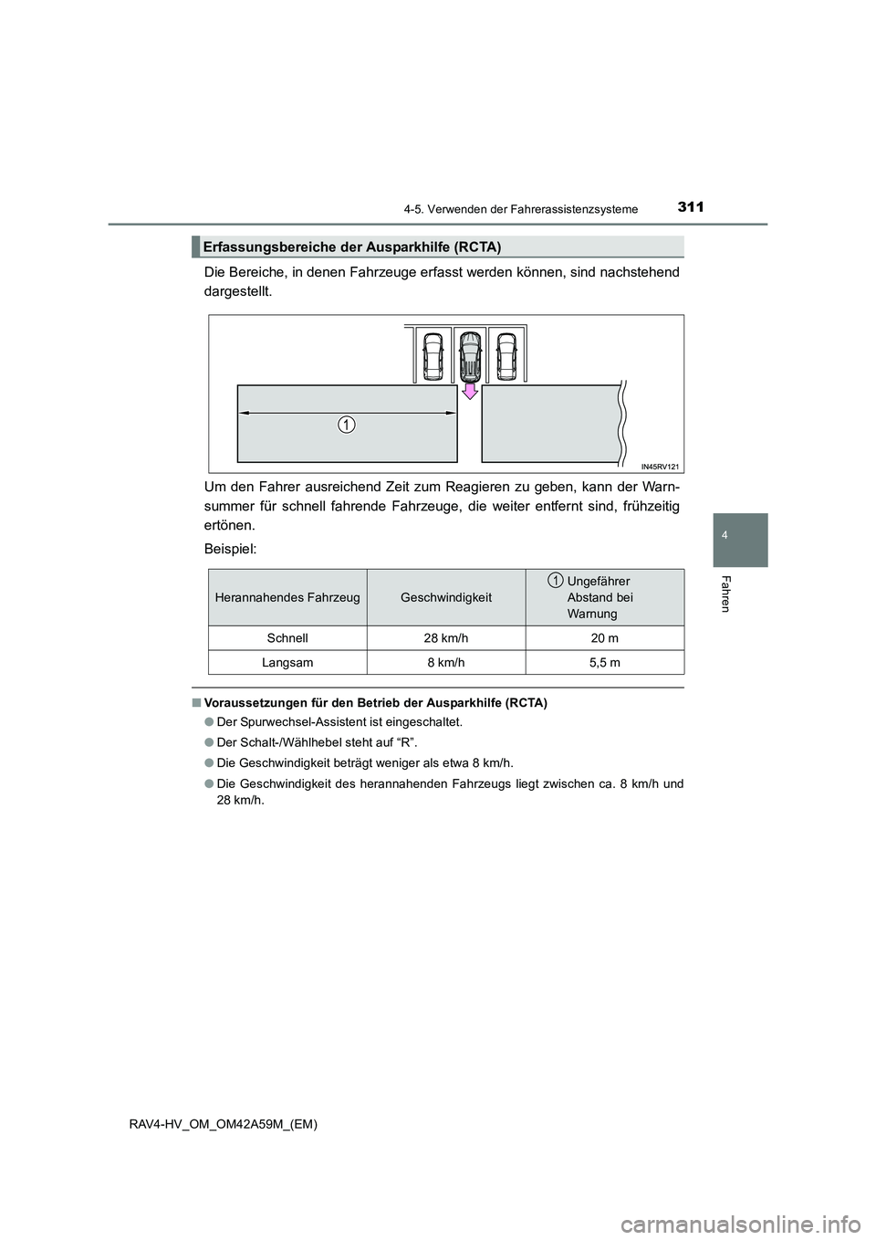 TOYOTA RAV4 HYBRID 2015  Betriebsanleitungen (in German) 3114-5. Verwenden der Fahrerassistenzsysteme
4
Fahren
RAV4-HV_OM_OM42A59M_(EM)
Die Bereiche, in denen Fahrzeuge erfasst werden können, sind nachstehend
dargestellt.
Um den Fahrer ausreichend Zeit zum