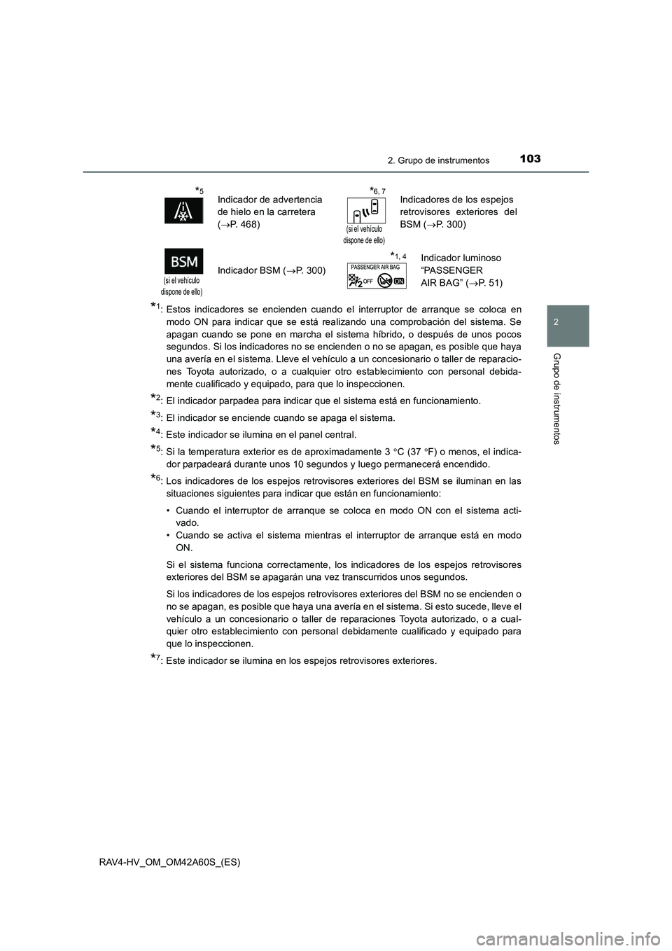 TOYOTA RAV4 HYBRID 2016  Manual del propietario (in Spanish) 1032. Grupo de instrumentos
2
Grupo de instrumentos
RAV4-HV_OM_OM42A60S_(ES)
*1: Estos indicadores se encienden cuando el interruptor de arranque se coloca enmodo ON para indicar que se está realizan