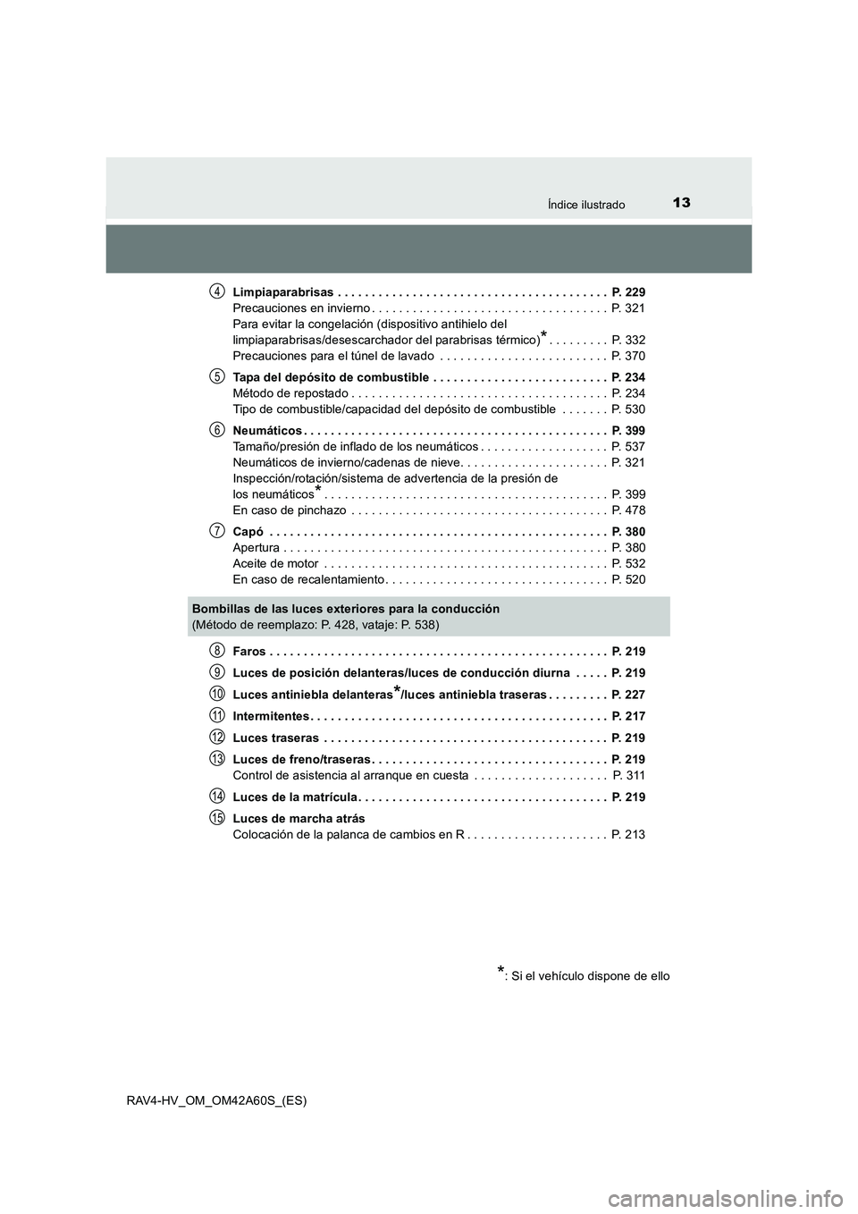 TOYOTA RAV4 HYBRID 2016 Manual del propietario (in Spanish) 13Índice ilustrado
RAV4-HV_OM_OM42A60S_(ES)Limpiaparabrisas . . . . . . . . . . . . . . . . . . . . . . . . . . . . . . . . . . . . . . . . P. 229
Precauciones en invierno . . . . . . . . . . . . . TOYOTA RAV4 HYBRID 2016 Manual del propietario (in Spanish) 13Índice ilustrado
RAV4-HV_OM_OM42A60S_(ES)Limpiaparabrisas . . . . . . . . . . . . . . . . . . . . . . . . . . . . . . . . . . . . . . . . P. 229
Precauciones en invierno . . . . . . . . . . . . .