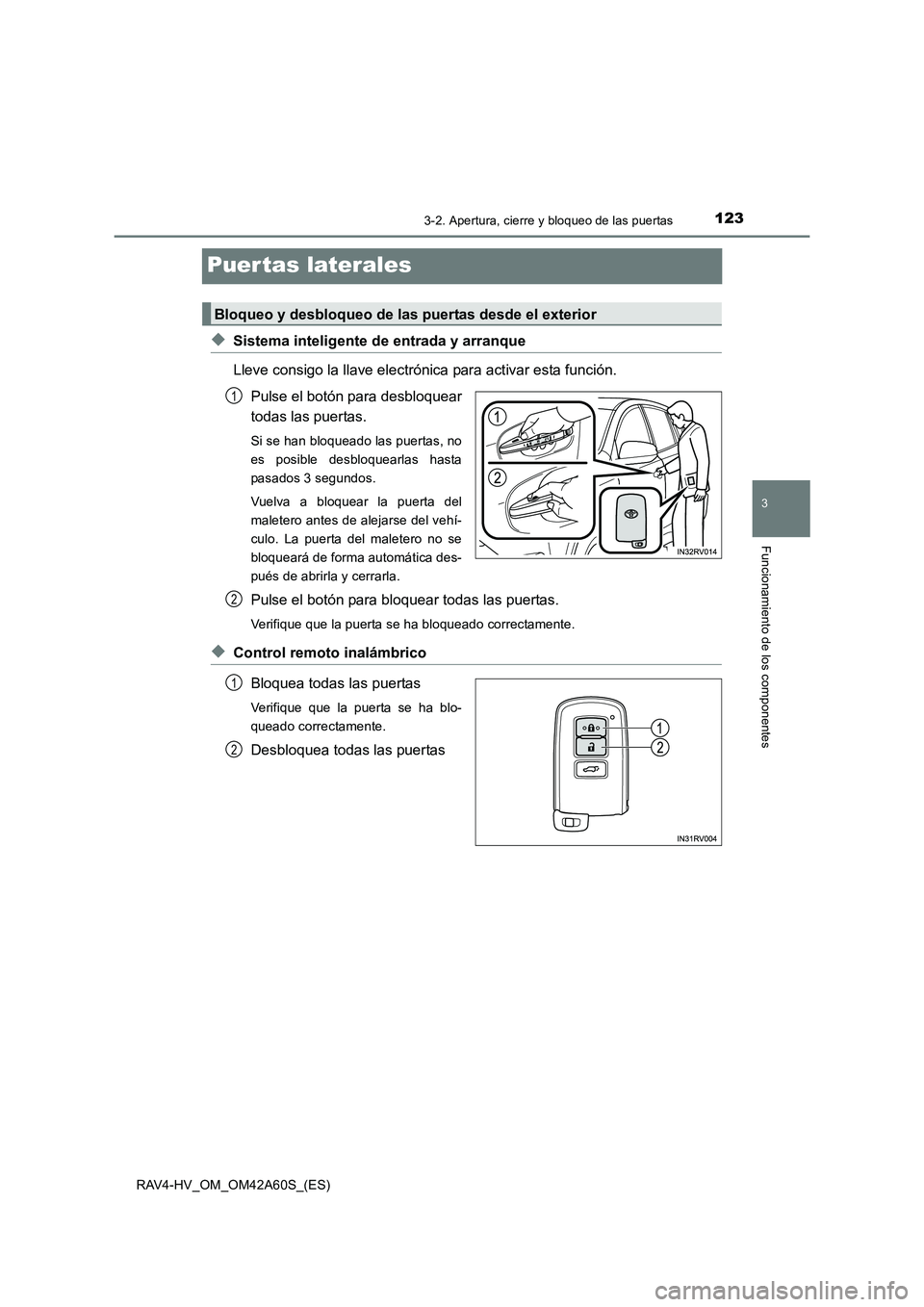 TOYOTA RAV4 HYBRID 2016  Manual del propietario (in Spanish) 123
3
3-2. Apertura, cierre y bloqueo de las puertas
Funcionamiento de los componentes
RAV4-HV_OM_OM42A60S_(ES)
Puer tas laterales
◆Sistema inteligente de entrada y arranque
Lleve consigo la llave e