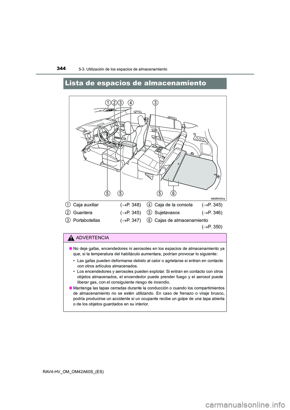 TOYOTA RAV4 HYBRID 2016  Manual del propietario (in Spanish) 3445-3. Utilización de los espacios de almacenamiento
RAV4-HV_OM_OM42A60S_(ES)
Lista de espacios de almacenamiento
Caja auxiliar  (→P. 348)
Guantera  ( →P. 345)
Portabotellas ( →P. 347) Caja de