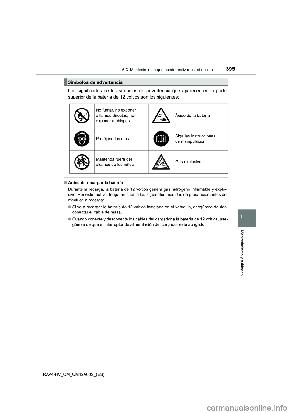 TOYOTA RAV4 HYBRID 2016  Manual del propietario (in Spanish) 3956-3. Mantenimiento que puede realizar usted mismo
RAV4-HV_OM_OM42A60S_(ES)
6
Mantenimiento y cuidados
Los significados de los símbolos de advertencia que aparecen en la parte
superior de la bater