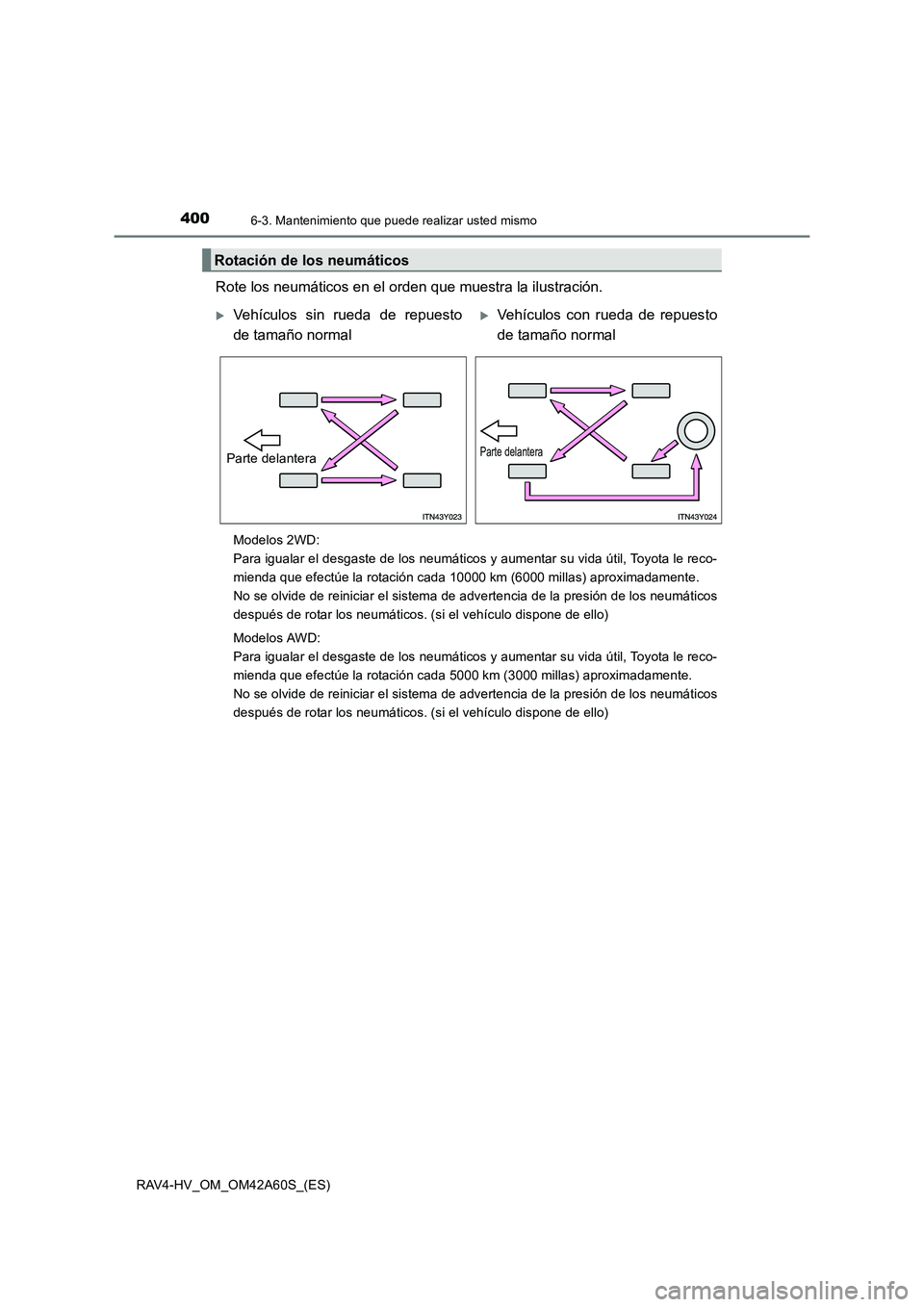 TOYOTA RAV4 HYBRID 2016  Manual del propietario (in Spanish) 4006-3. Mantenimiento que puede realizar usted mismo
RAV4-HV_OM_OM42A60S_(ES)
Rote los neumáticos en el orden que muestra la ilustración. 
Modelos 2WD: 
Para igualar el desgaste de los neumáticos y