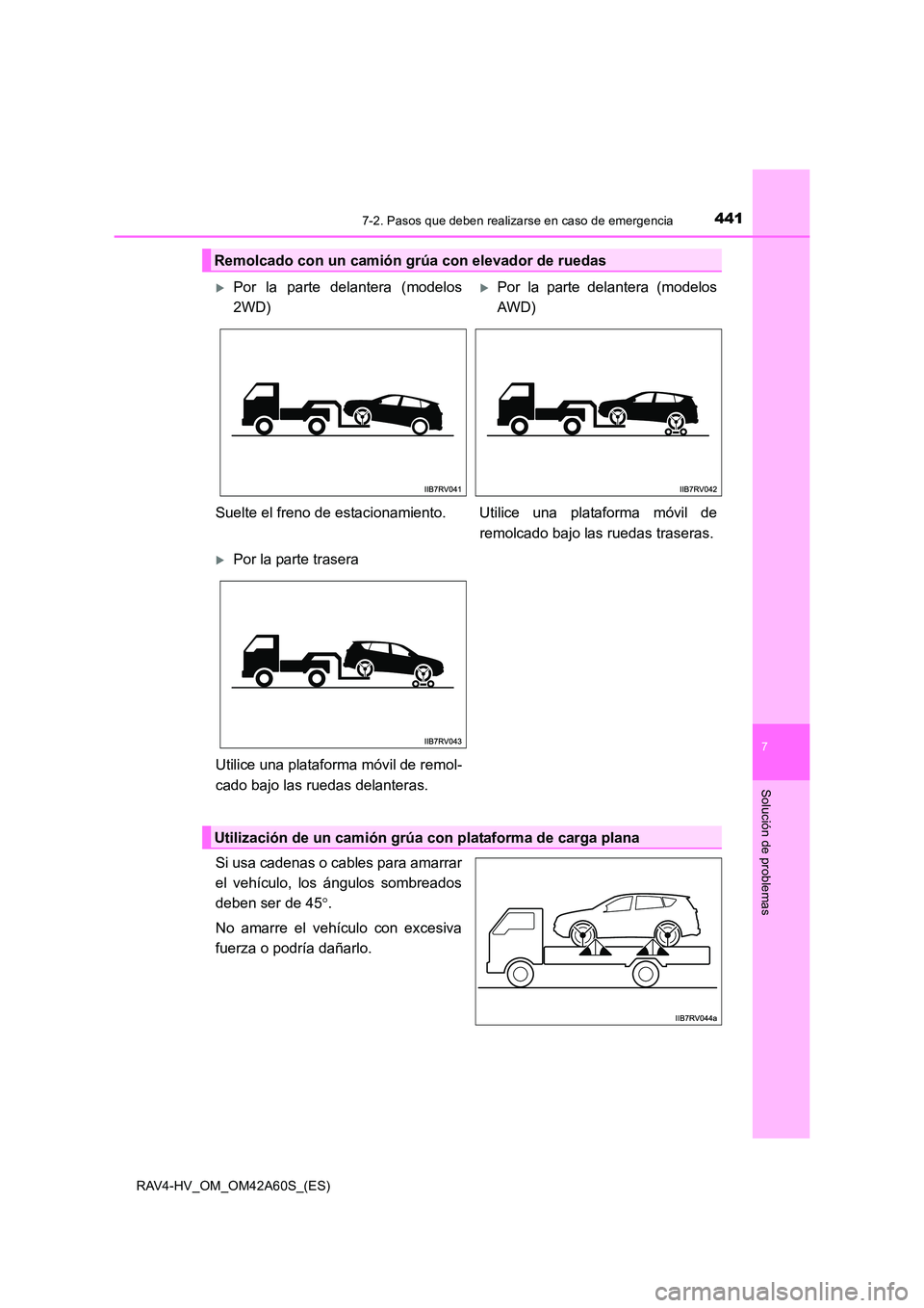 TOYOTA RAV4 HYBRID 2016  Manual del propietario (in Spanish) 4417-2. Pasos que deben realizarse en caso de emergencia
RAV4-HV_OM_OM42A60S_(ES)
7
Solución de problemas
Si usa cadenas o cables para amarrar
el vehículo, los ángulos sombreados
deben ser de 45°.