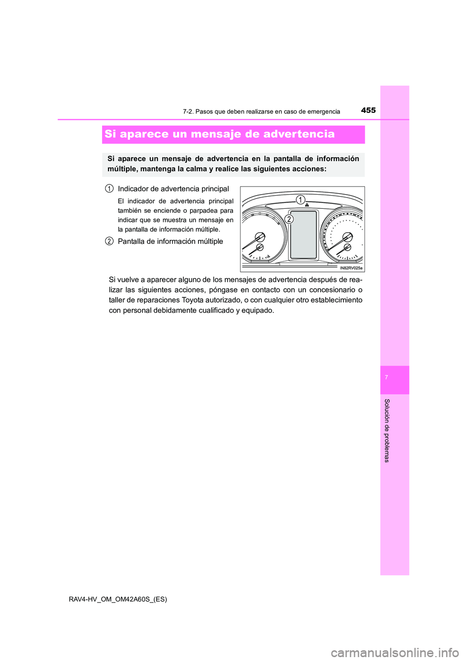 TOYOTA RAV4 HYBRID 2016  Manual del propietario (in Spanish) 4557-2. Pasos que deben realizarse en caso de emergencia
RAV4-HV_OM_OM42A60S_(ES)
7
Solución de problemas
Si aparece un mensaje de advertencia
Indicador de advertencia principal
El indicador de adver