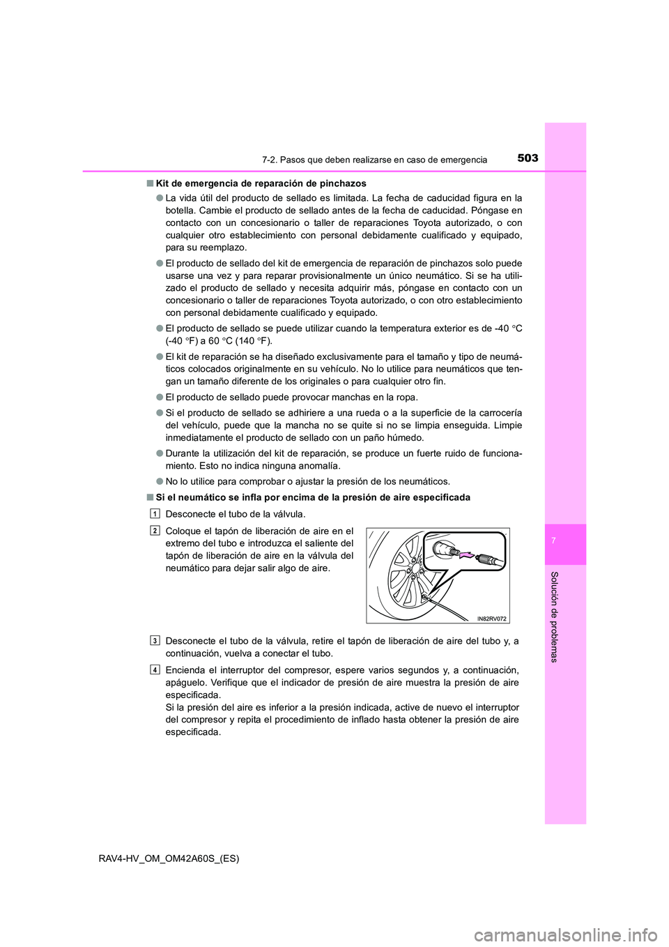 TOYOTA RAV4 HYBRID 2016  Manual del propietario (in Spanish) 5037-2. Pasos que deben realizarse en caso de emergencia
RAV4-HV_OM_OM42A60S_(ES)
7
Solución de problemas
■Kit de emergencia de reparación de pinchazos
●La vida útil del producto de sellado es 