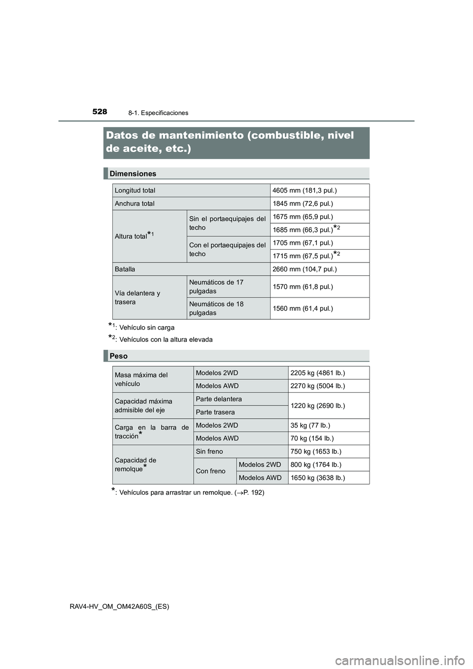 TOYOTA RAV4 HYBRID 2016  Manual del propietario (in Spanish) 5288-1. Especificaciones
RAV4-HV_OM_OM42A60S_(ES)
Datos de mantenimiento (combustible, nivel 
de aceite, etc.)*
1: Vehículo sin carga
*2: Vehículos con la altura elevada
*: Vehículos para arrastrar