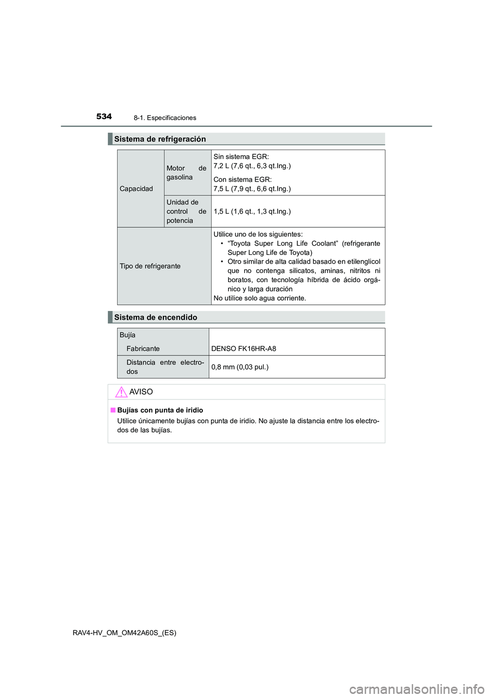 TOYOTA RAV4 HYBRID 2016  Manual del propietario (in Spanish) 5348-1. Especificaciones
RAV4-HV_OM_OM42A60S_(ES)
Sistema de refrigeración
Capacidad
Motor de
gasolina
Sin sistema EGR: 
7,2 L (7,6 qt., 6,3 qt.Ing.)
Con sistema EGR:
7,5 L (7,9 qt., 6,6 qt.Ing.)
Uni