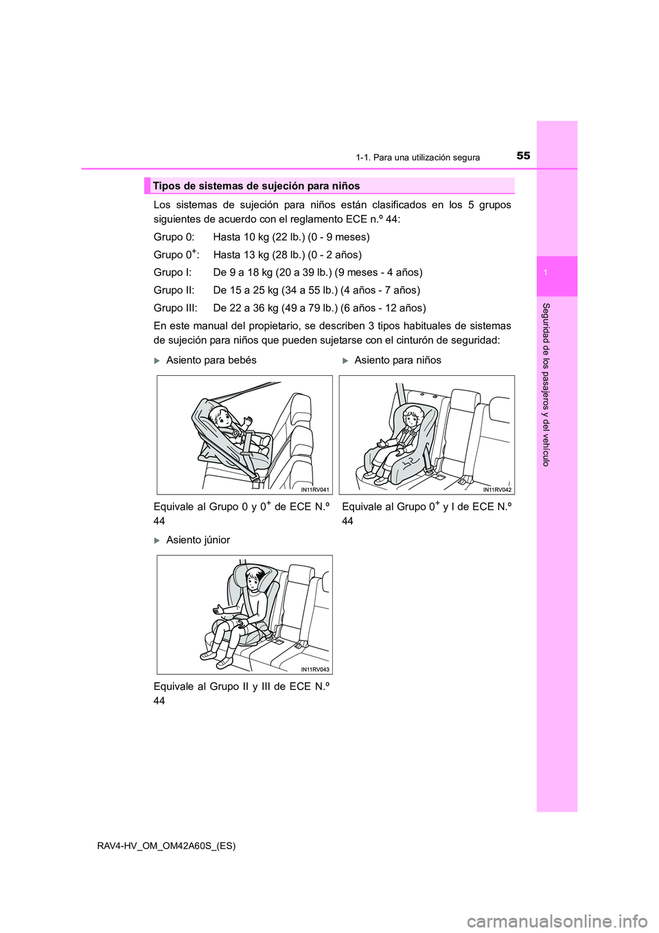 TOYOTA RAV4 HYBRID 2016  Manual del propietario (in Spanish) 551-1. Para una utilización segura
1
RAV4-HV_OM_OM42A60S_(ES)
Seguridad de los pasajeros y del vehículo
Los sistemas de sujeción para niños están clasificados en los 5 grupos
siguientes de acuerd