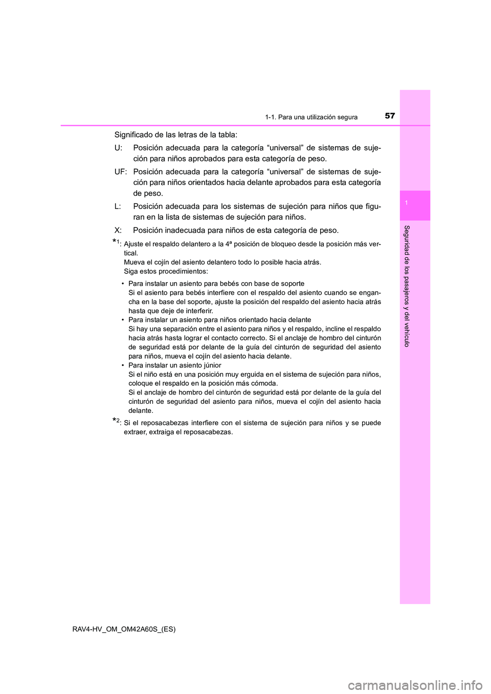 TOYOTA RAV4 HYBRID 2016  Manual del propietario (in Spanish) 571-1. Para una utilización segura
1
RAV4-HV_OM_OM42A60S_(ES)
Seguridad de los pasajeros y del vehículo
Significado de las letras de la tabla:
U: Posición adecuada para la categoría “universal
