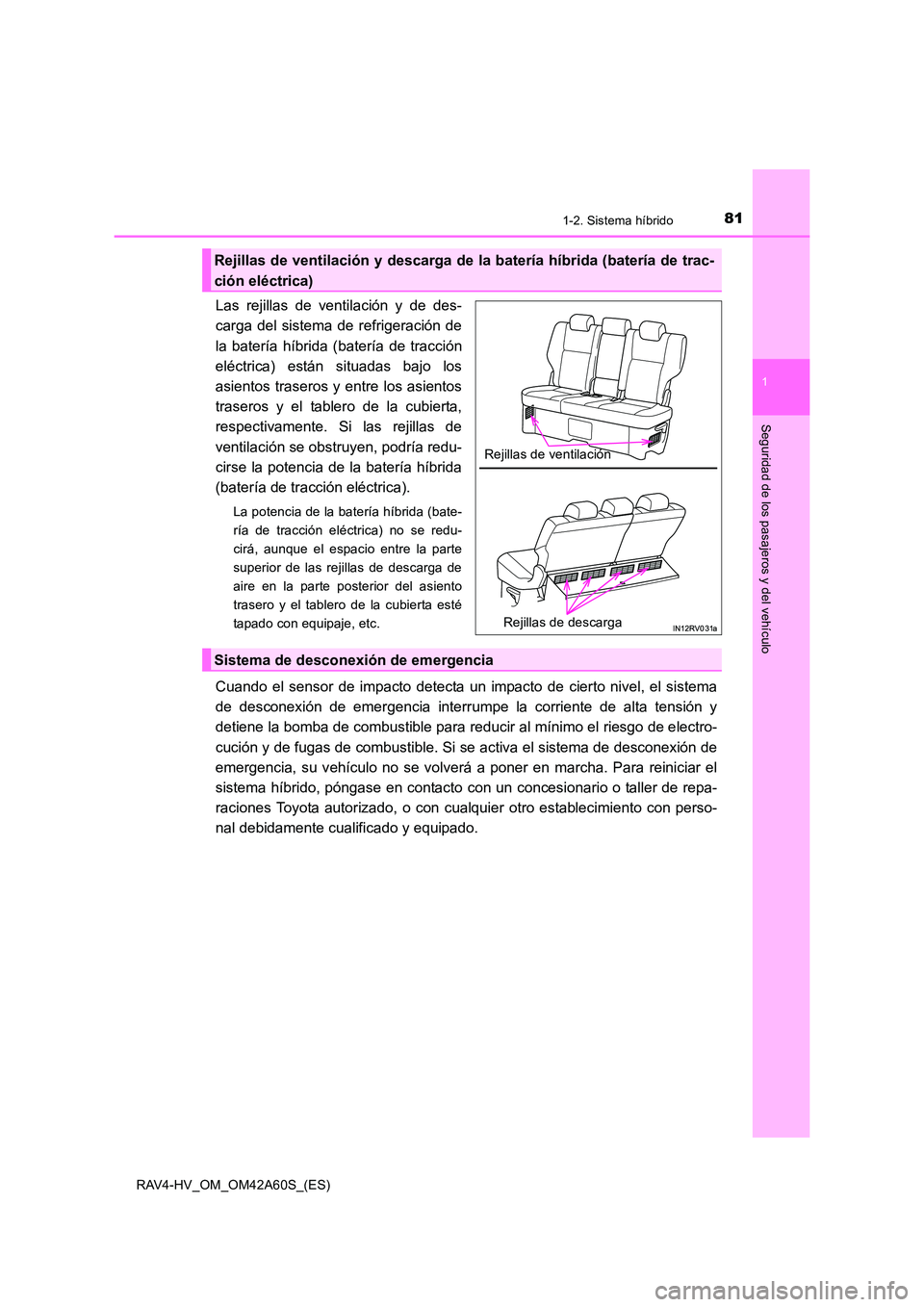 TOYOTA RAV4 HYBRID 2016 Manual del propietario (in Spanish) 811-2. Sistema híbrido
1
RAV4-HV_OM_OM42A60S_(ES)
Seguridad de los pasajeros y del vehículo
Las rejillas de ventilación y de des-
carga del sistema de refrigeración de
la batería híbrida (bater TOYOTA RAV4 HYBRID 2016 Manual del propietario (in Spanish) 811-2. Sistema híbrido
1
RAV4-HV_OM_OM42A60S_(ES)
Seguridad de los pasajeros y del vehículo
Las rejillas de ventilación y de des-
carga del sistema de refrigeración de
la batería híbrida (bater