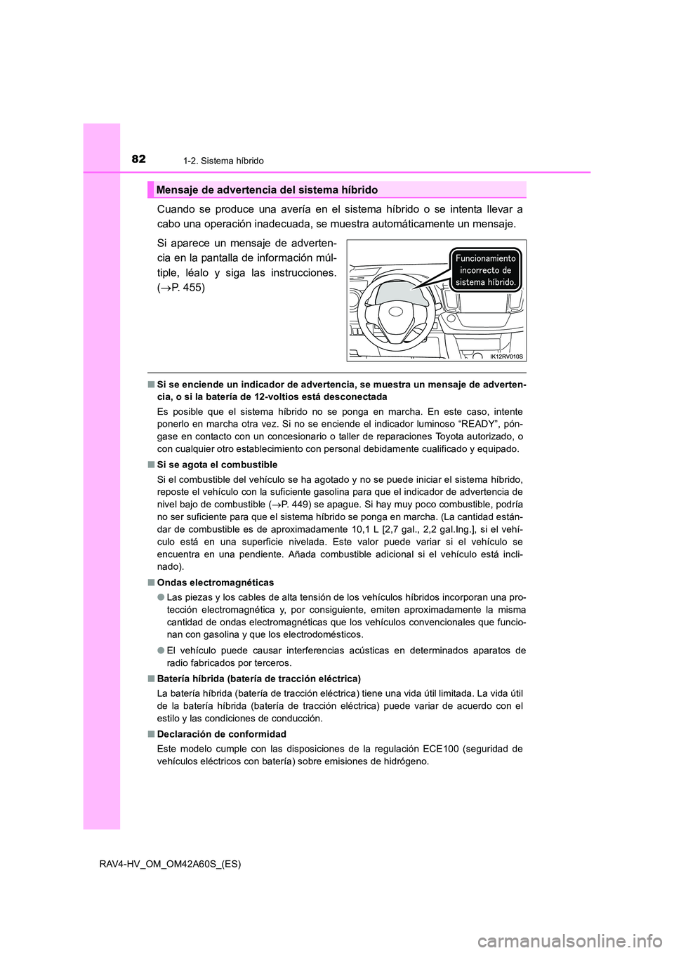 TOYOTA RAV4 HYBRID 2016 Manual del propietario (in Spanish) 821-2. Sistema híbrido
RAV4-HV_OM_OM42A60S_(ES)
Cuando se produce una avería en el sistema híbrido o se intenta llevar a
cabo una operación inadecuada, se muestra automáticamente un mensaje.
Si a TOYOTA RAV4 HYBRID 2016 Manual del propietario (in Spanish) 821-2. Sistema híbrido
RAV4-HV_OM_OM42A60S_(ES)
Cuando se produce una avería en el sistema híbrido o se intenta llevar a
cabo una operación inadecuada, se muestra automáticamente un mensaje.
Si a