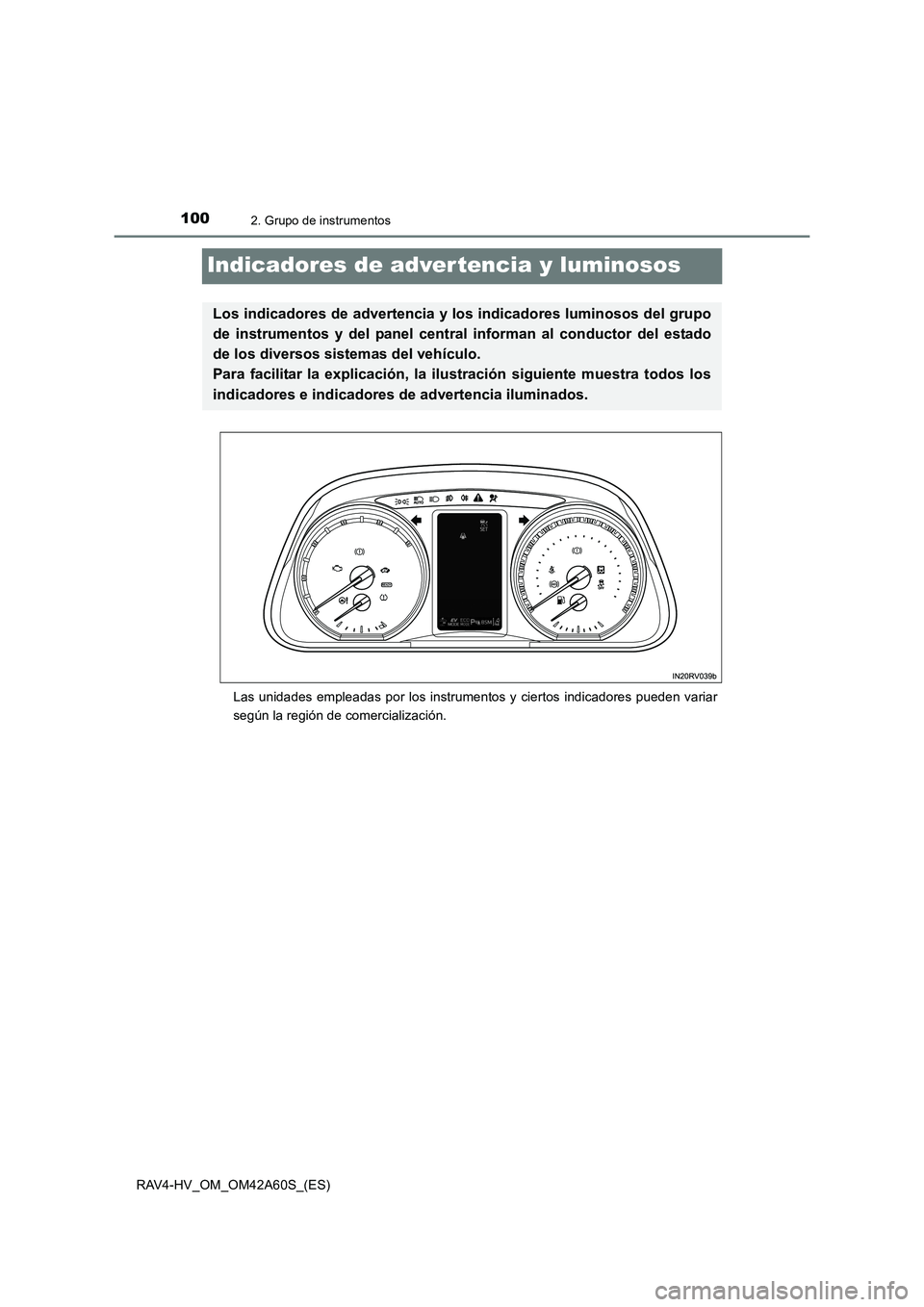TOYOTA RAV4 HYBRID 2016  Manual del propietario (in Spanish) 1002. Grupo de instrumentos
RAV4-HV_OM_OM42A60S_(ES)
Indicadores de adver tencia y luminosos
Las unidades empleadas por los instrumentos y ciertos indicadores pueden variar
según la región de comerc