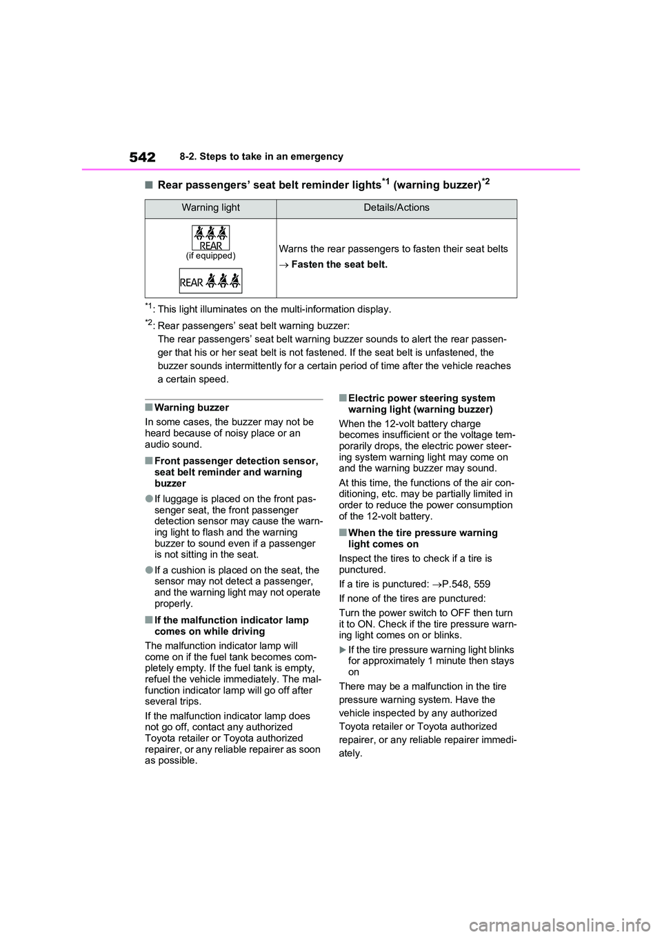 TOYOTA RAV4 PLUG-IN HYBRID 2023 Owners Manual 5428-2. Steps to take in an emergency
■Rear passengers’ seat belt reminder lights*1 (warning buzzer)*2
*1: This light illuminates on the multi-information display.
*2: Rear passengers’ seat belt TOYOTA RAV4 PLUG-IN HYBRID 2023 Owners Manual 5428-2. Steps to take in an emergency
■Rear passengers’ seat belt reminder lights*1 (warning buzzer)*2
*1: This light illuminates on the multi-information display.
*2: Rear passengers’ seat belt