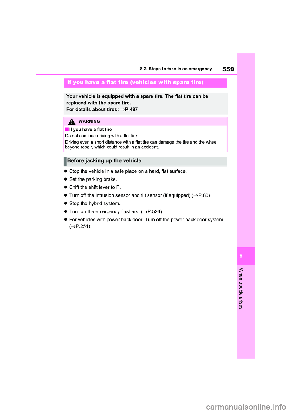 TOYOTA RAV4 PLUG-IN HYBRID 2023  Owners Manual 559
8 
8-2. Steps to take in an emergency
When trouble arises
 Stop the vehicle in a safe place on a hard, flat surface. 
 Set the parking brake. 
 Shift the shift lever to P. 
 Turn off t