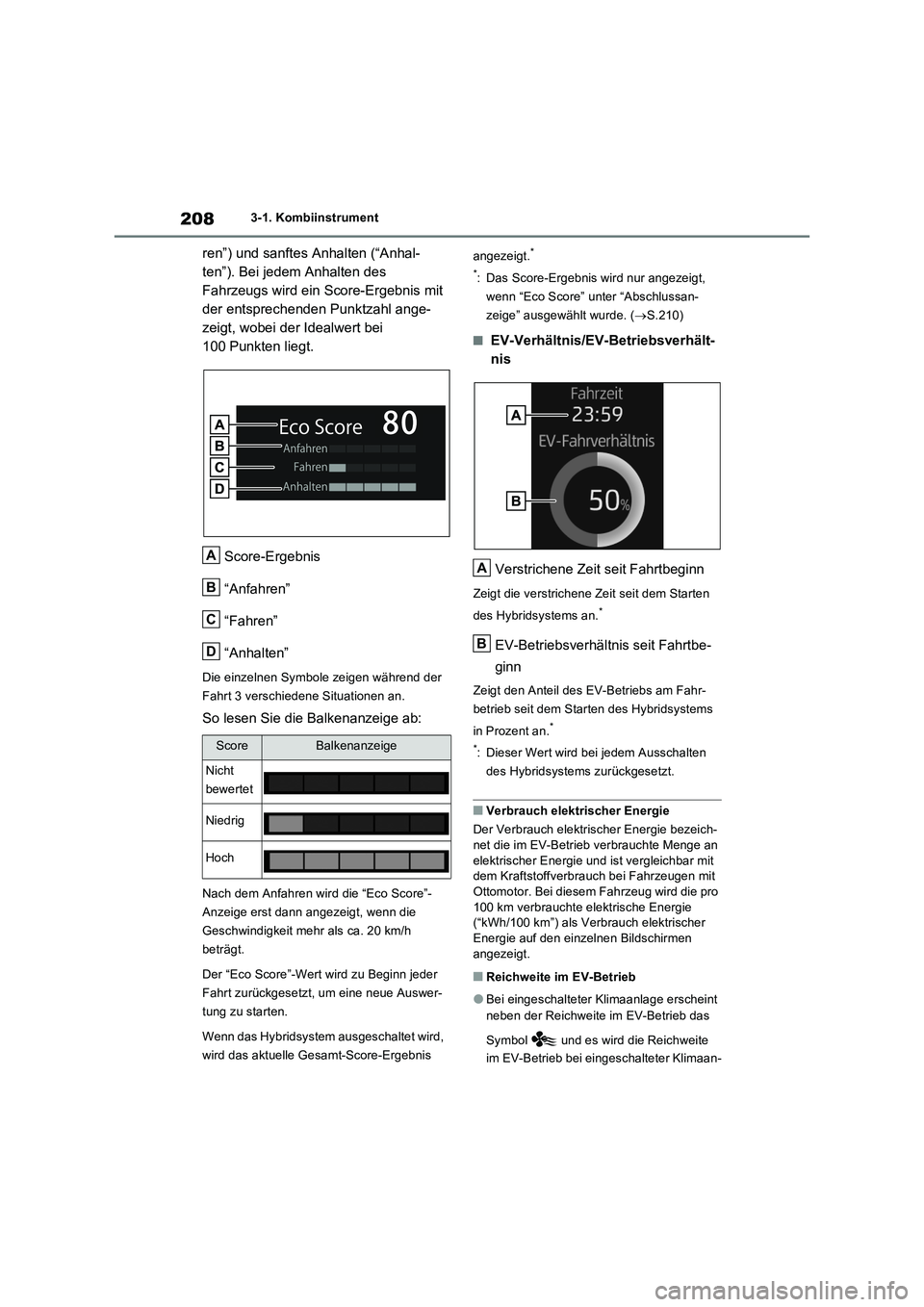 TOYOTA RAV4 PLUG-IN HYBRID 2023 Betriebsanleitungen (in German) 2083-1. Kombiinstrument
ren”) und sanftes Anhalten (“Anhal-
ten”). Bei jedem Anhalten des
Fahrzeugs wird ein Score-Ergebnis mit
der entsprechenden Punktzahl ange-
zeigt, wobei der Idealwert be TOYOTA RAV4 PLUG-IN HYBRID 2023 Betriebsanleitungen (in German) 2083-1. Kombiinstrument
ren”) und sanftes Anhalten (“Anhal-
ten”). Bei jedem Anhalten des
Fahrzeugs wird ein Score-Ergebnis mit
der entsprechenden Punktzahl ange-
zeigt, wobei der Idealwert be