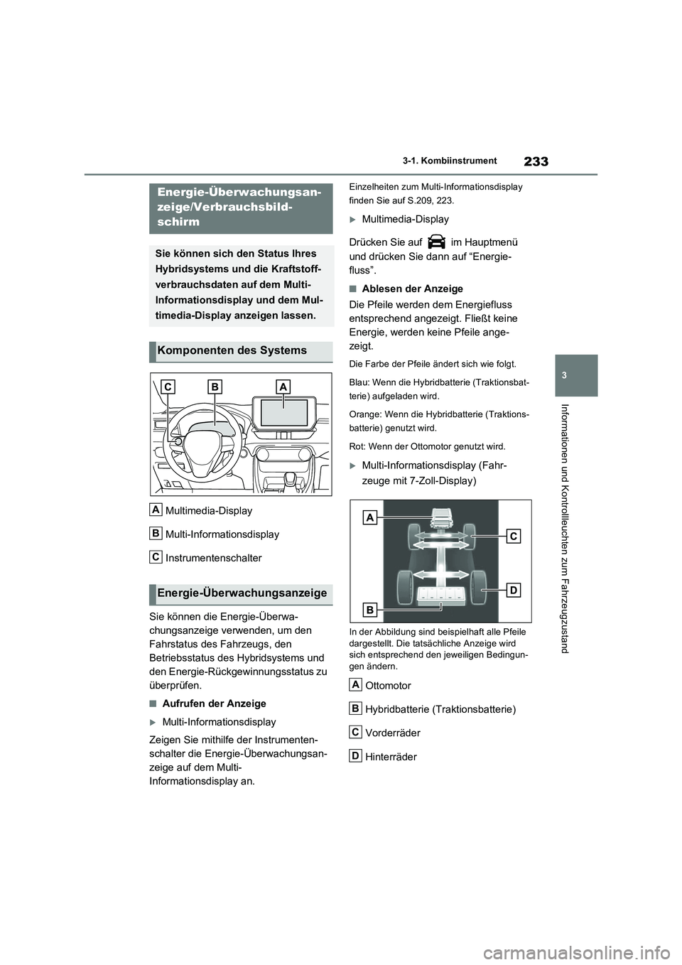TOYOTA RAV4 PLUG-IN HYBRID 2023 Betriebsanleitungen (in German) 233
3 3-1. Kombiinstrument
Informationen und Kontrollleuchten zum Fahrzeugzustand
Multimedia-Display
Multi-Informationsdisplay
Instrumentenschalter
Sie können die Energie-Überwa-
chungsanzeige verwe TOYOTA RAV4 PLUG-IN HYBRID 2023 Betriebsanleitungen (in German) 233
3 3-1. Kombiinstrument
Informationen und Kontrollleuchten zum Fahrzeugzustand
Multimedia-Display
Multi-Informationsdisplay
Instrumentenschalter
Sie können die Energie-Überwa-
chungsanzeige verwe