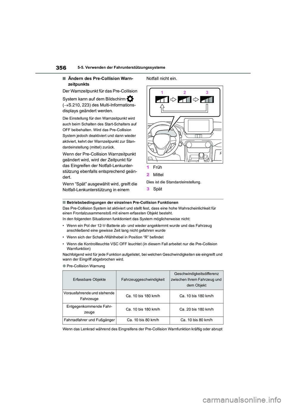 TOYOTA RAV4 PLUG-IN HYBRID 2023 Betriebsanleitungen (in German) 3565-5. Verwenden der Fahrunterstützungssysteme
■Ändern des Pre-Collision Warn-
zeitpunkts
Der Warnzeitpunkt für das Pre-Collision
System kann auf dem Bildschirm
( S.210, 223) des Mult TOYOTA RAV4 PLUG-IN HYBRID 2023 Betriebsanleitungen (in German) 3565-5. Verwenden der Fahrunterstützungssysteme
■Ändern des Pre-Collision Warn-
zeitpunkts
Der Warnzeitpunkt für das Pre-Collision
System kann auf dem Bildschirm
( S.210, 223) des Mult