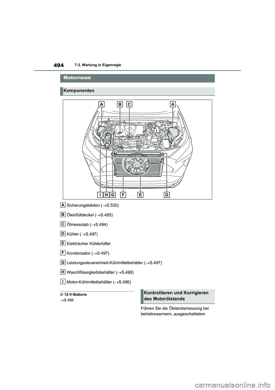 TOYOTA RAV4 PLUG-IN HYBRID 2023  Betriebsanleitungen (in German) 4947-3. Wartung in Eigenregie
Sicherungskästen (S.530)
Öleinfülldeckel (S.495)
Ölmessstab (S.494)
Kühler (S.497)
Elektrischer Kühlerlüfter
Kondensator (S.497)
Leistungssteuereinh