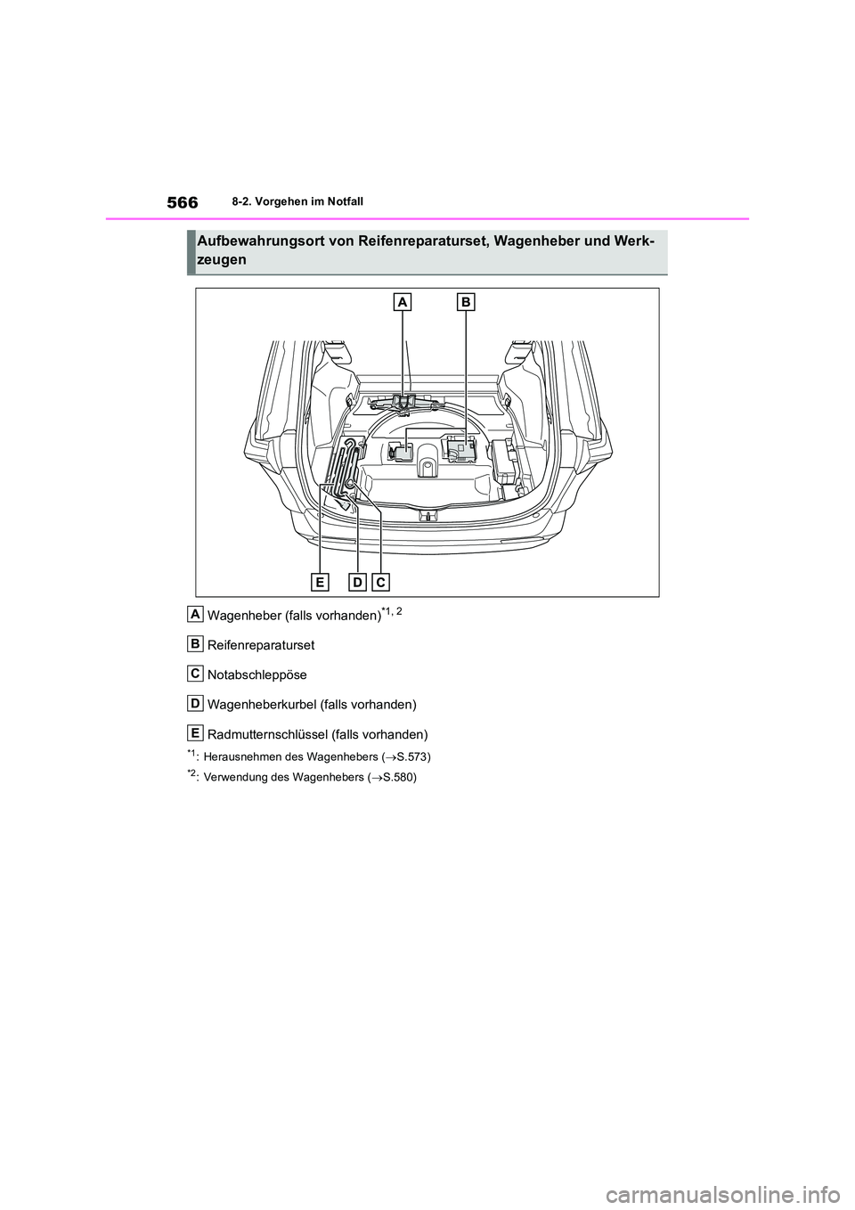 TOYOTA RAV4 PLUG-IN HYBRID 2023  Betriebsanleitungen (in German) 5668-2. Vorgehen im Notfall
Wagenheber (falls vorhanden)*1, 2
Reifenreparaturset 
Notabschleppöse
Wagenheberkurbel (falls vorhanden) 
Radmutternschlüssel (falls vorhanden)
*1: Herausnehmen des Wagen
