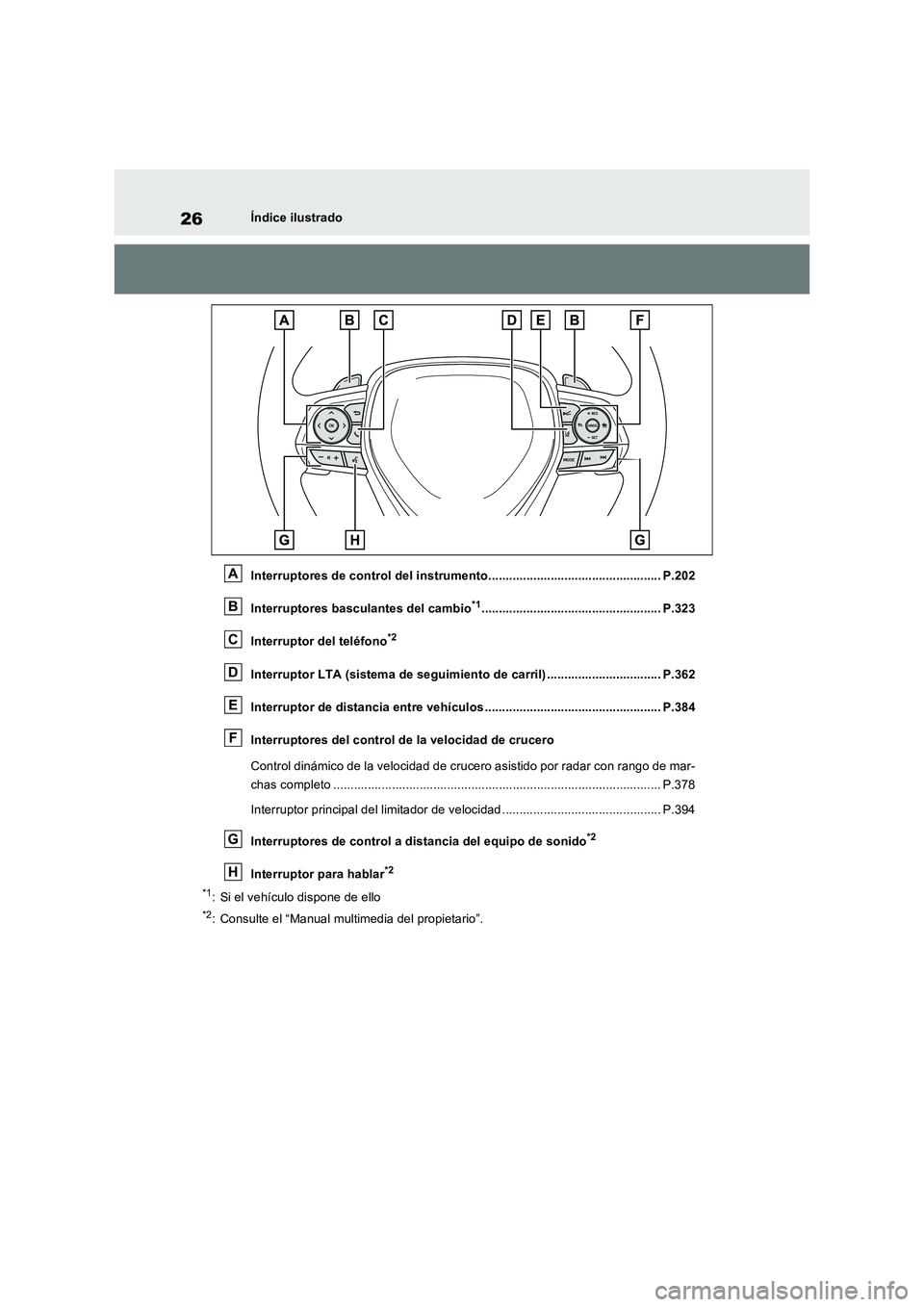 TOYOTA RAV4 PLUG-IN HYBRID 2023  Manual del propietario (in Spanish) 26Índice ilustrado
Interruptores de control del instrumento.................................................. P.202
Interruptores basculantes del cambio
*1............................................