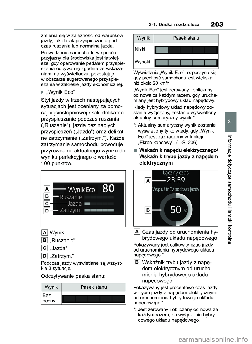 TOYOTA RAV4 PLUG-IN HYBRID 2023  Instrukcja obsługi (in Polish) zmienia si´ w zale˝noÊci od warunków
jazdy, takich jak przyspieszanie pod-
czas ruszania lub normalna jazda.
Prowadzenie samochodu w sposób
przyjazny dla Êrodowiska jest ∏atwiej-
sze, gdy oper